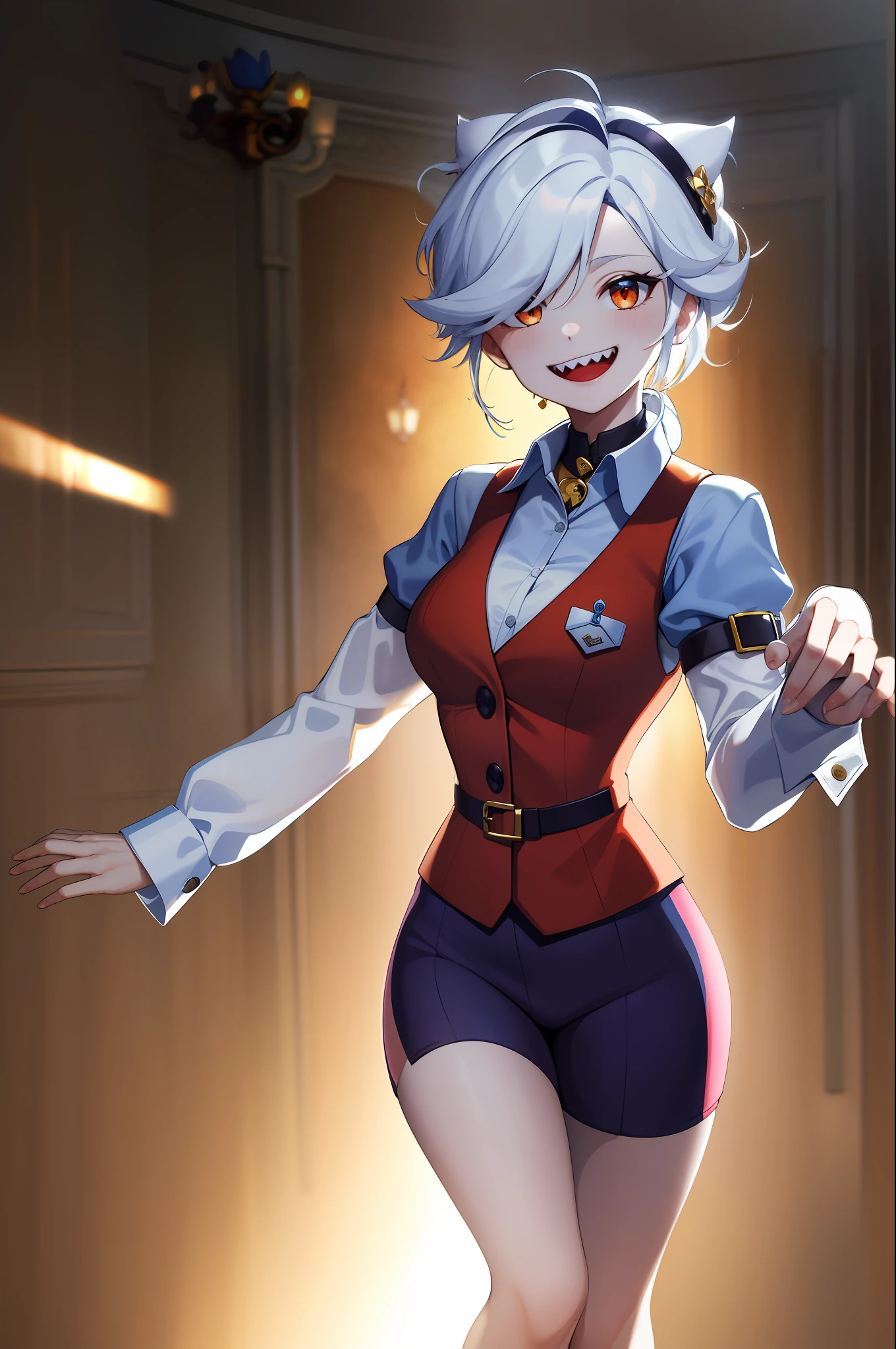 (masterpiece, best quality:1.2), solo, 1girl, colette, sharp teeth, \:d, looking at viewer, incoming hug, white hair, two-tone collared shirt, red vest, sleeves past wrists