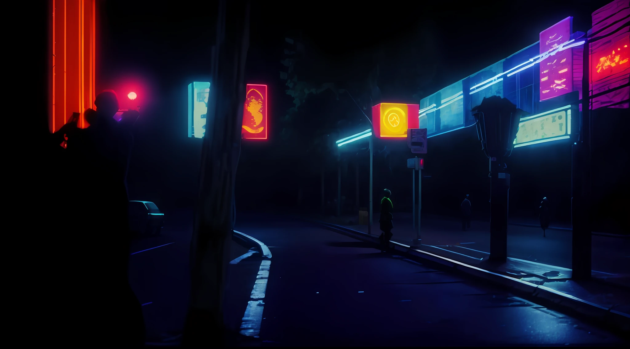 Night view of city streets with fences and street lights, neon streets, streets city night, streets at night, neon lots of trees, streets at night, night streets, two-dimensional style, purple lights on streets, day man, neon street lights at night, neon street lights, city street movie lighting, chiaroscuro, anime style, billboards