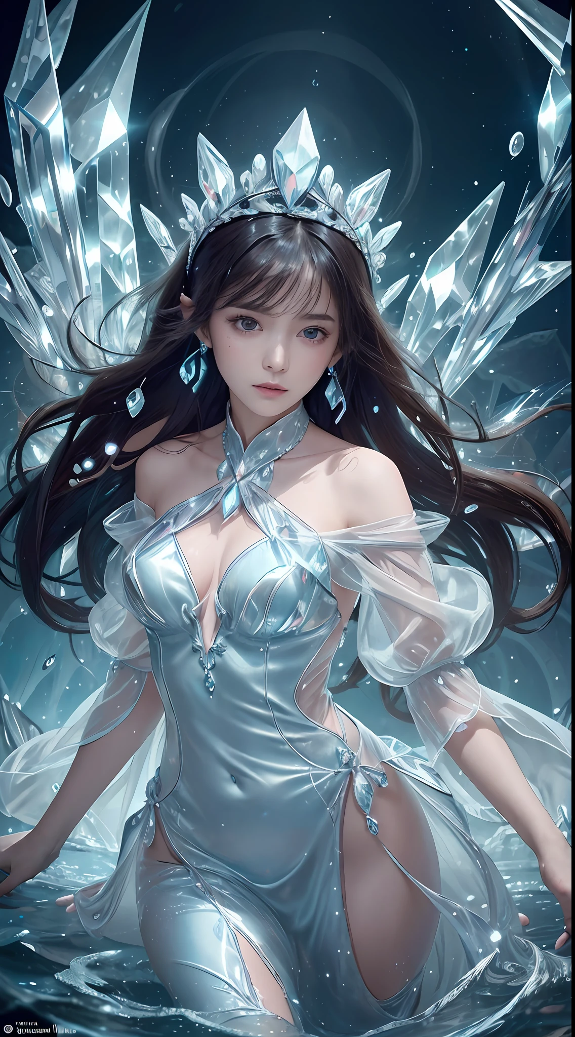 (Masterpiece, Top Quality, Best, Official Art, Beautiful and Aesthetic, Long Exposure: 1.2), Smooth Movement, Charming Patterns, 1 Girl, (Long Dress with Sleeves: 1.3), ((Small Breasts)) , blue clothes, upper body close-up, bare shoulders, Chinese girl, blush, black lob hair, portrait, solo, upper body, watching the observer, detailed background, detailed face, (crystallineAI, crystalline theme:1.1), elemental water sprite , rotating water, controlling water, diamond clothes, dynamic pose, floating particles, ethereal dynamics, water, vapor, ocean in background, blue tint, coast, ethereal atmosphere,