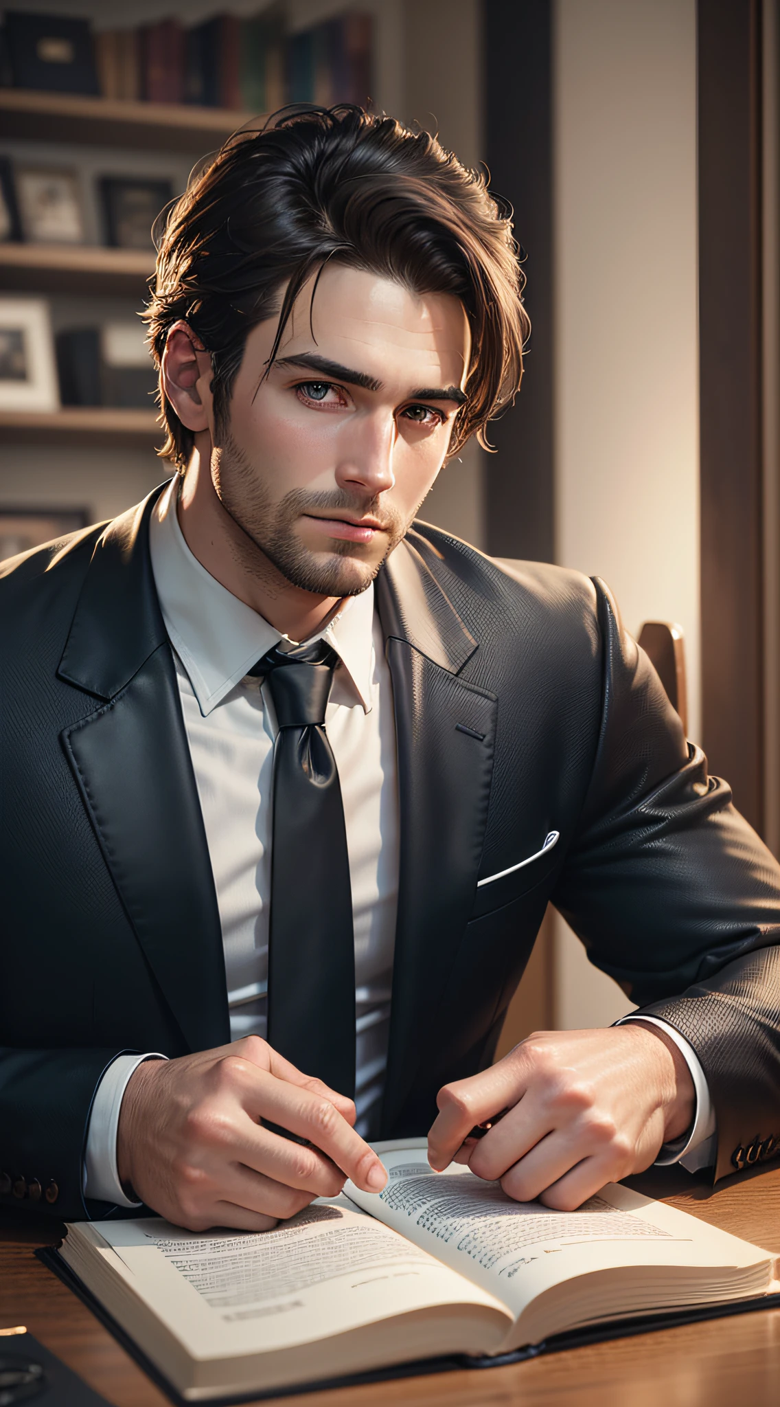 Portrait of a 30 year old man in suit and tie sitting on a black leather chair, Office, body and head straight in the photo and facing the viewer of the photo, Office, eyes staring at the lens, appear shoulders and head in the photo, man centered in the photo, background blurred, both hands on the table,  open book on the table, 8k, best quality, masterpiece, realistic, realistic photo, movie photo, ultra realistic, 1 person, detailed, perfect lighting, DSRL, professional photo, 4k. --auto --s2