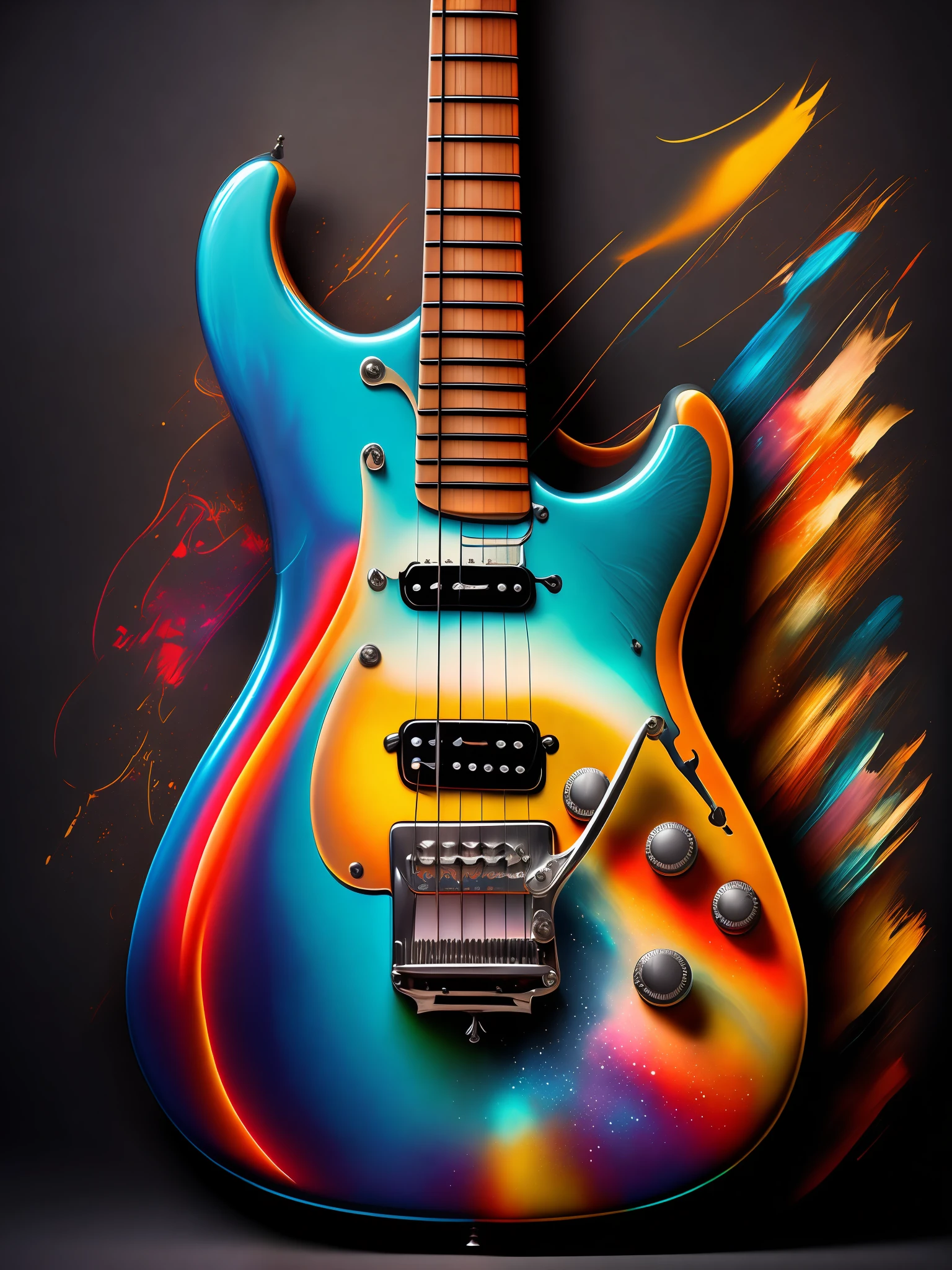 the graffiti style of electric guitar, ((soft colorful, rich colors,high detailed, masterpiece,natural lighting, high quality, graffiti style))
