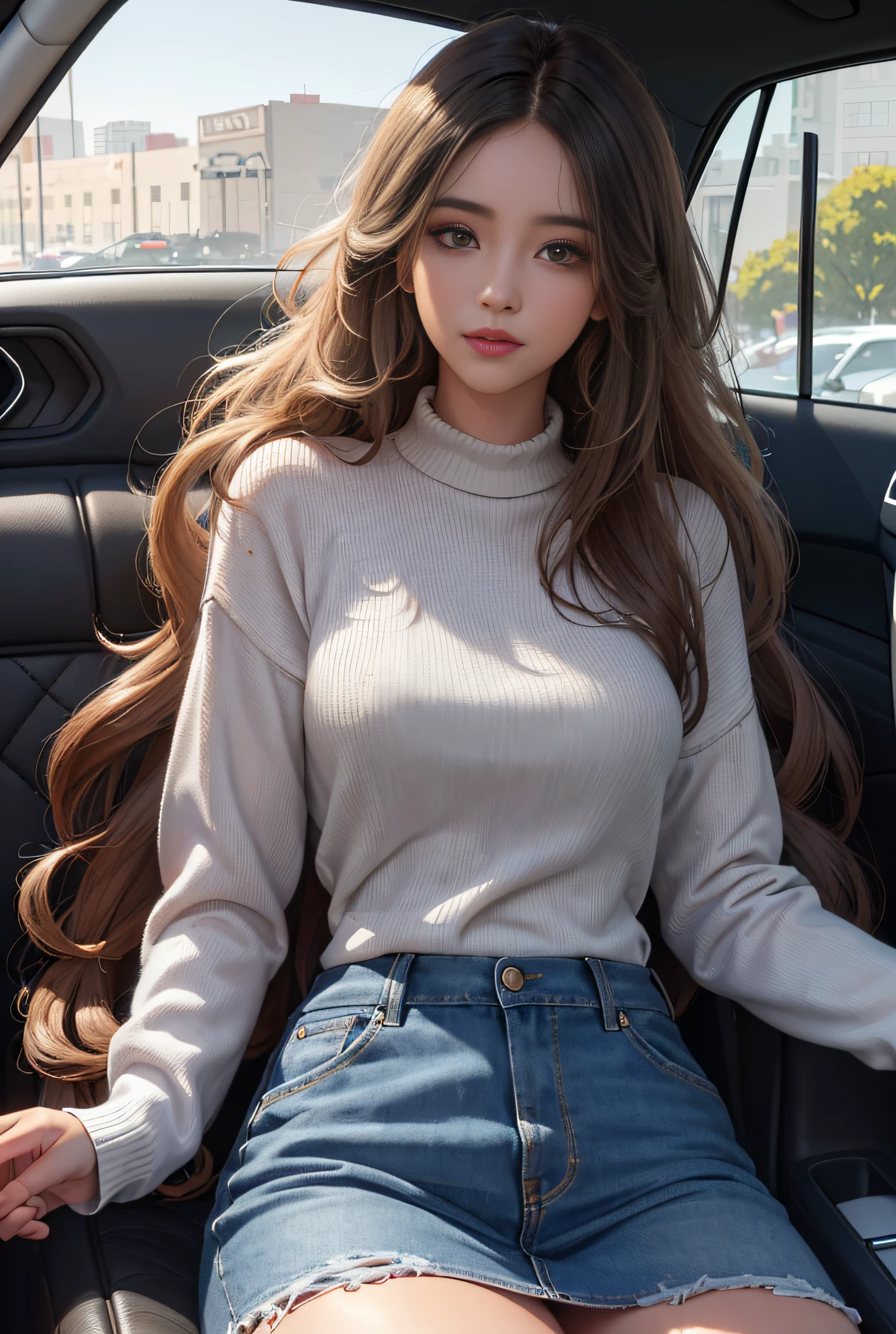 Girl sitting in car, driving, sitting in her car, long hair, her hair flowing down, long curly hair, her hair, wearing long sleeve sweater and denim skirt, (surreal), (illustration), (high resolution), (8K), (very detailed), (best illustration), (beautiful detailed eyes), (best quality), (super detailed), (masterpiece), (wallpaper), (detailed face) split