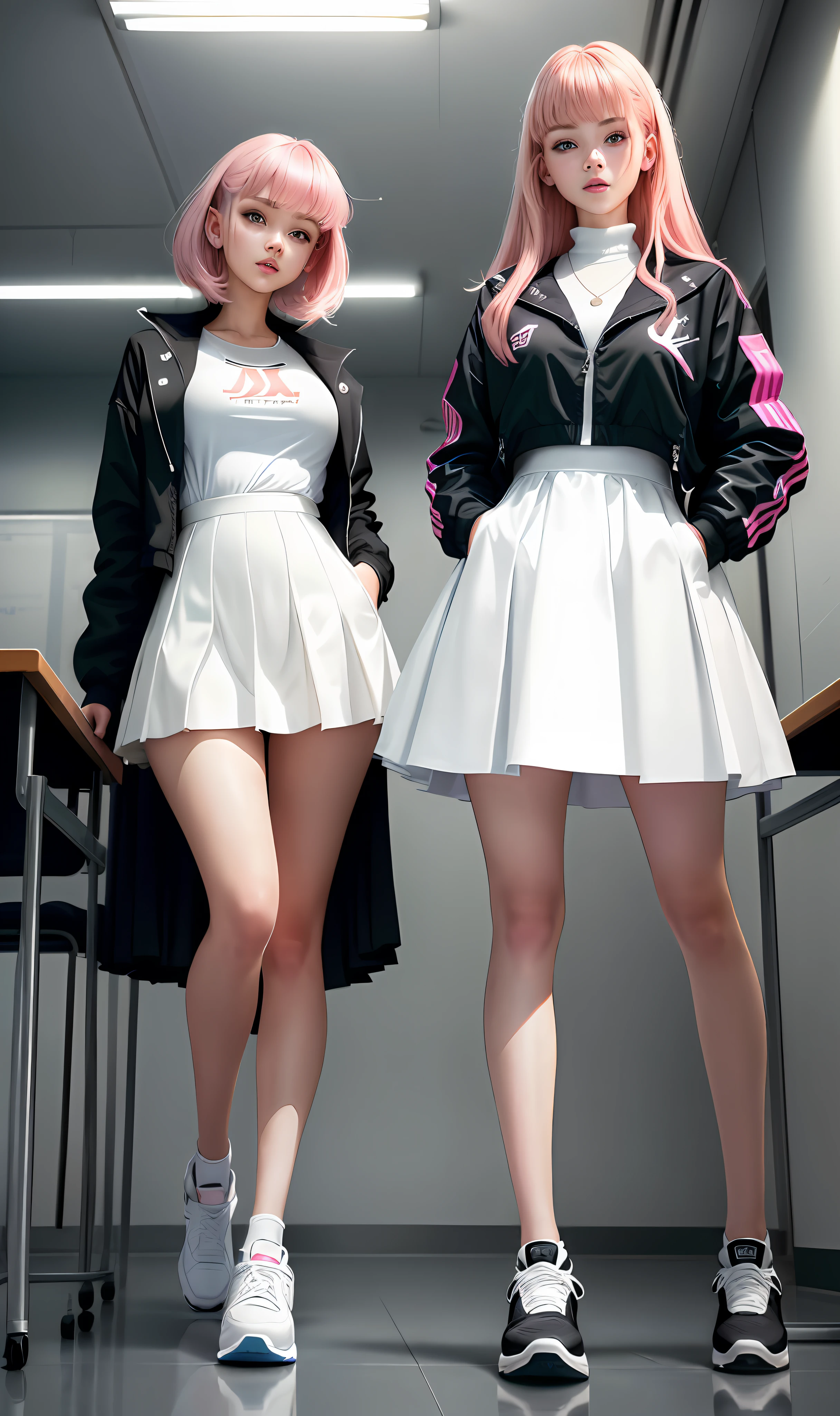 Girl wearing white dress and black jacket stand in front of the class, 4k style, realistic, carismatic, sexy, hot, 18 years old, pink hair, medium hair, full body, she use air jordan shoes, she wear long skirts
