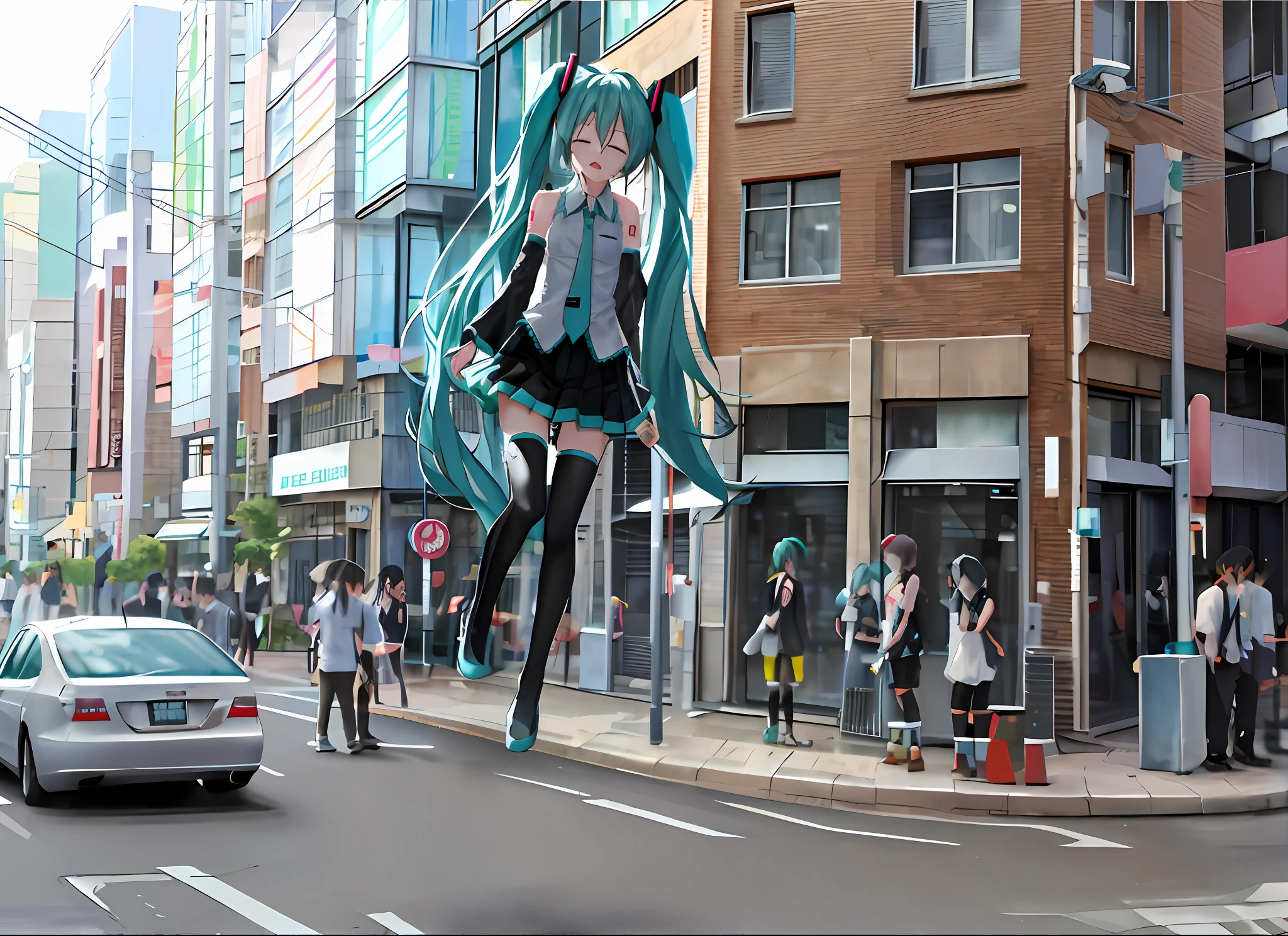 Hatsune Miku, street, crowd, levitation, mouth closed, eyes closed,