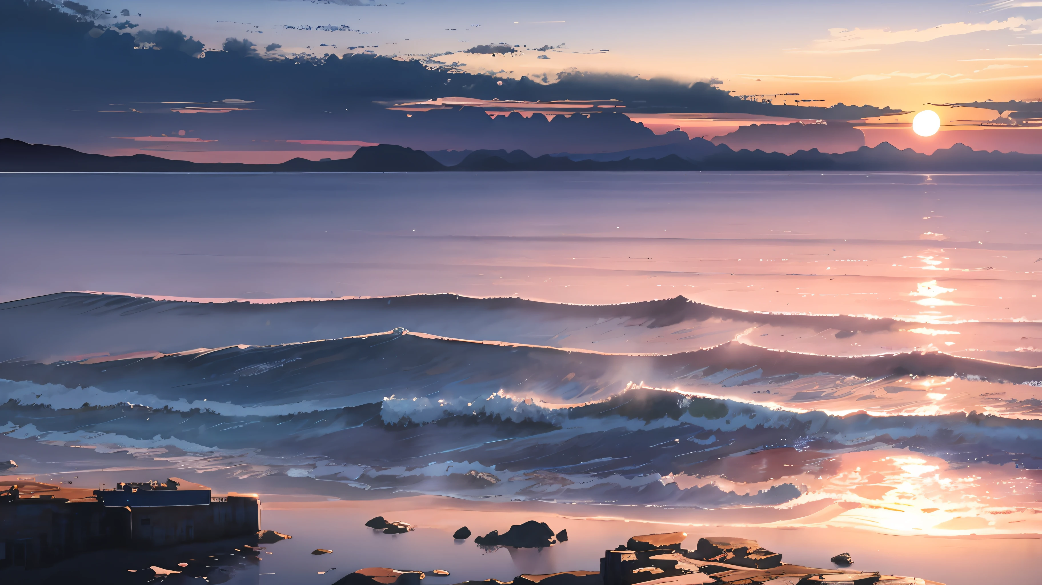 (detailed CG unity) intoxicating sunset scenery, (best illumination, best shadow, high resolution) just the right rendering, (twilight, floating, beautiful sky) sea of clouds that change with the setting sun, (ocean, tide) crashing waves, (distance skyline) distant skyline, Looming, watercolor, a watercolor painting. (wide shot) Expansive vision, mesmerizing.