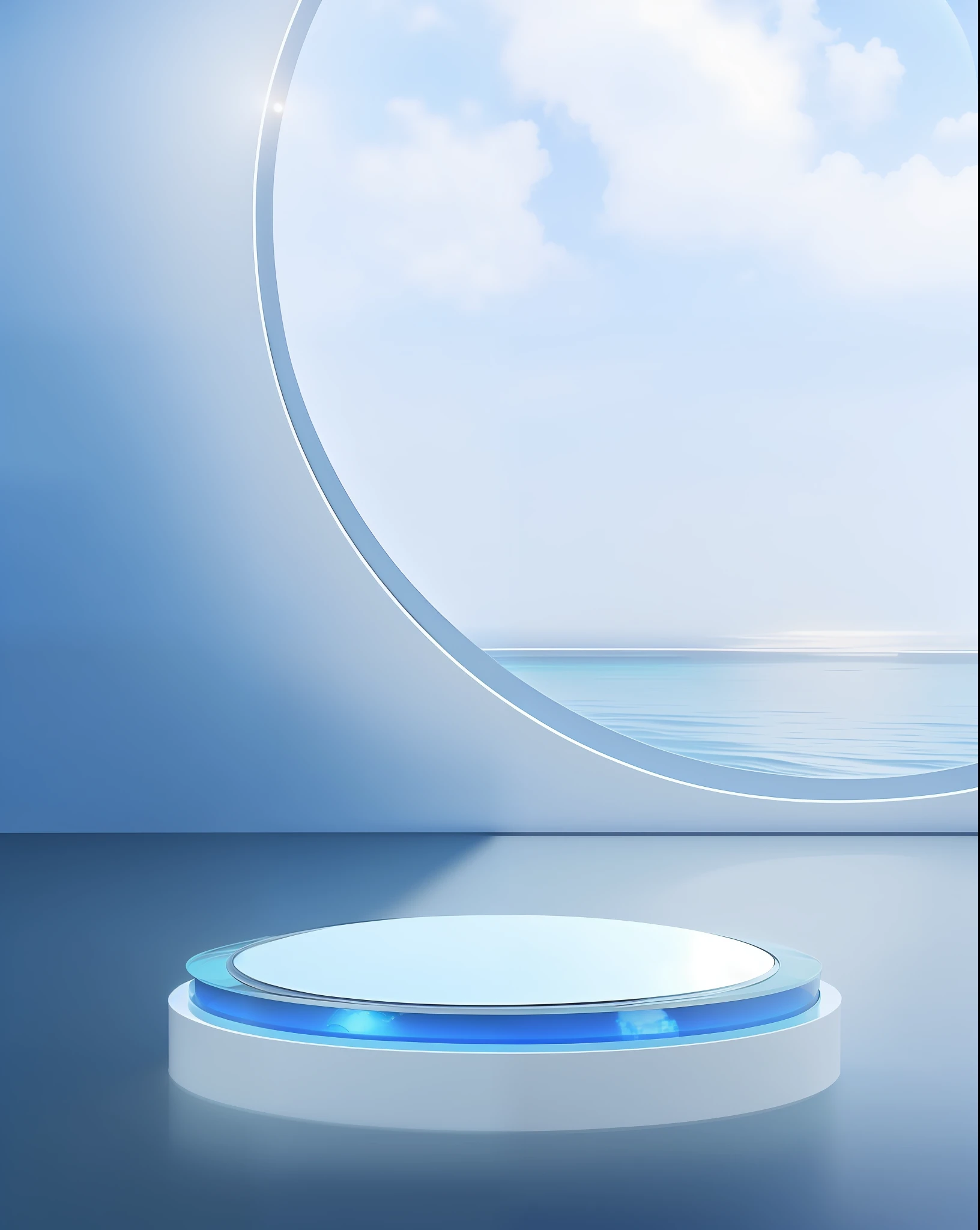 there is a round mirror on the wall of a room, ocean in the background, brightly lit blue room, round background, blue backgroung, lounge background, the ocean in the background, futuristic room background, personal room background, ocean background setting, with a blue background, open window ib background, sea in the background, futuristic and ethereal, arena background