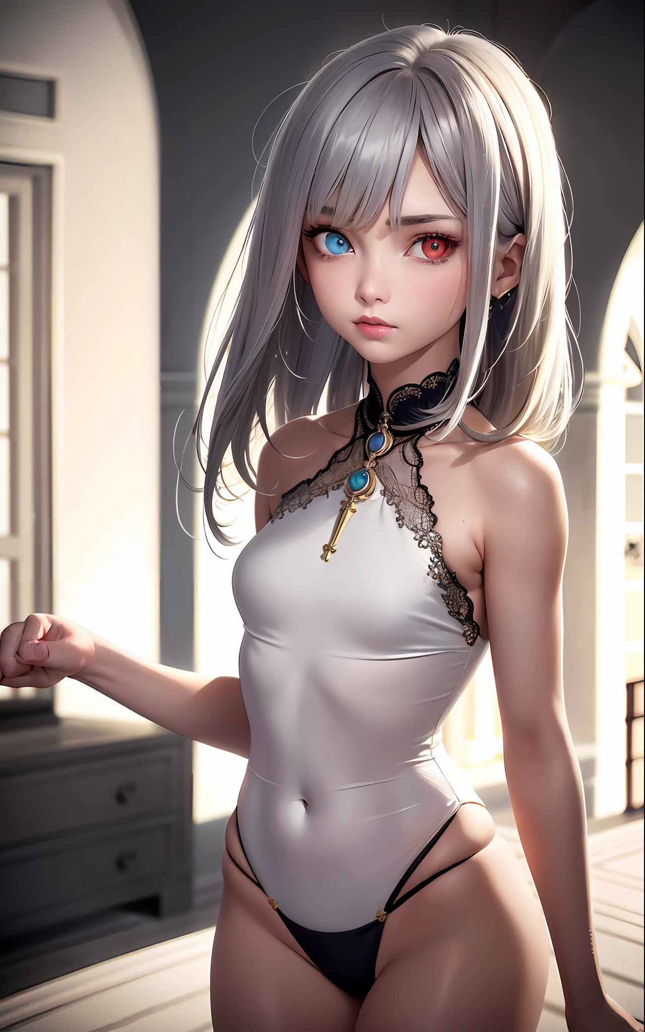 Superb Piece, High Resolution, Best Quality, UHD, Super Detail, Award-Awarded, 16k, (Upper Body), (A Beautiful Girl), Gray Hair, Hair, ((Heterochromia)), Hanging Corners, Fair Skin, (Small Breasts), (Slim Body), ((JK), (Neck Ring)