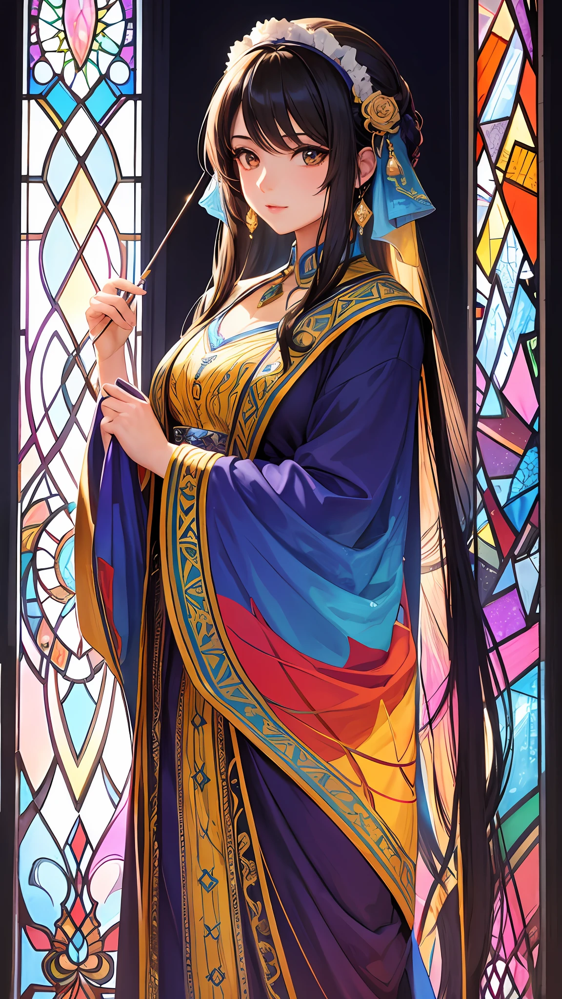(masterpiece, top quality, best quality,official art, beautiful and aesthetic:1.2),(1girl:1.3), 1girl BREAK stained glass art, colored glass, lead lines, light transmission BREAK vibrant colors, intricate designs, luminous effects, spiritual ambiance