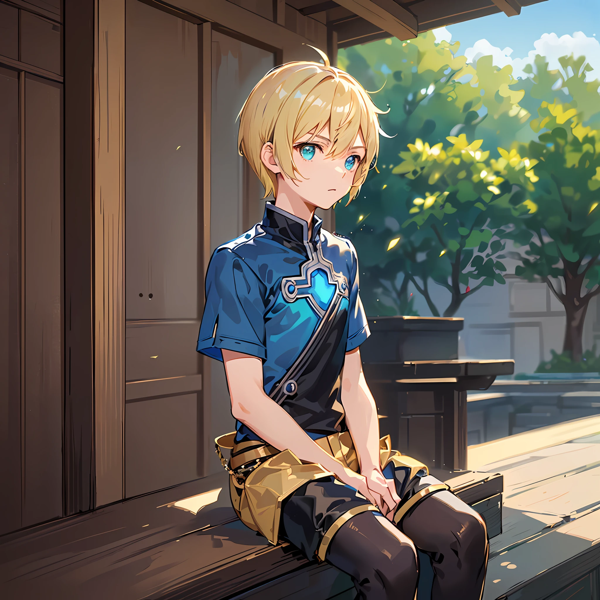 Top Quality,Boy, (((Eugeo)))), (((Flaxen hair)))), Sword Art Online, ((((Very short hair))))), Short Sidetail, ((Facing to the Side)), ((Looking Far Away)), 7 years old, Sitting, Solo, Green Eyes, Blue T-Shirt, Shorts, Full Body, Outdoor, City,