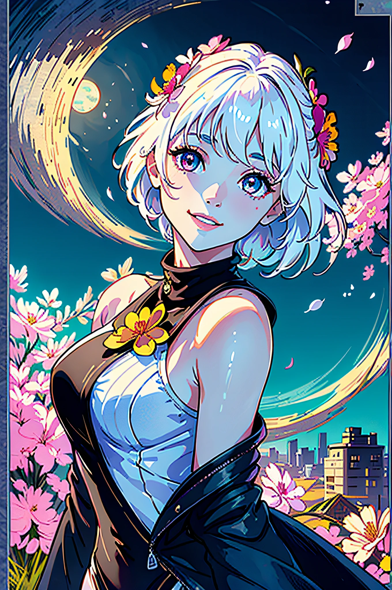 masterpiece, best quality, 1 girl, (colorful), (beautiful finely detailed eyes and detailed face), cinematic lighting, bust shot, extremely detailed CG unity 8k wallpaper, white hair, solo, smile, swimsuit turtleneck, ((flying petal)) ,(Flower meadow) sky, cloudy_sky, building, moonlight, moon, night, (dark theme: 1.3), light, fantasy,
