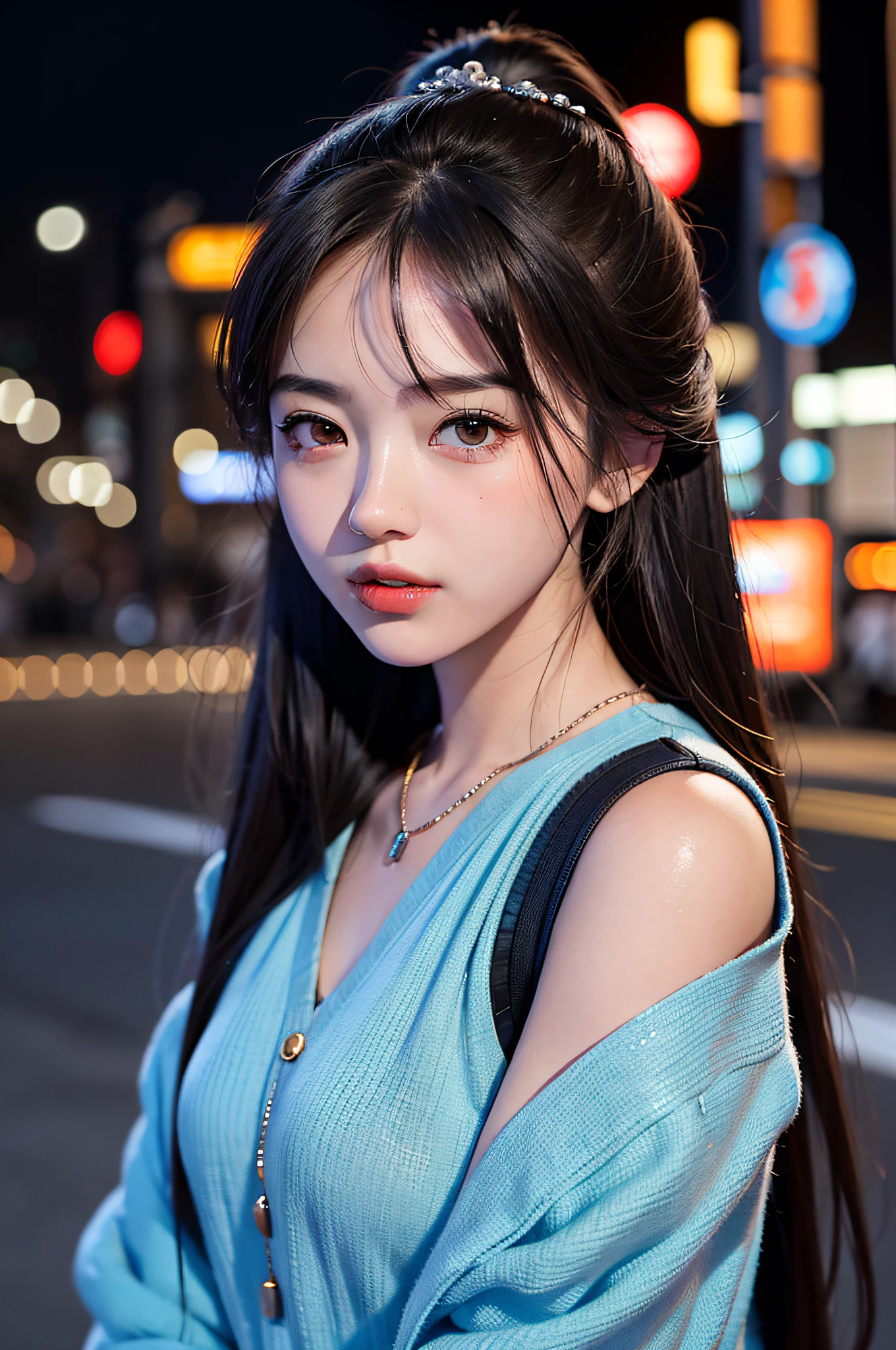 1girl, Tokyo street,night, cityscape,city lights, upper body,close-up, 8k, RAW photo, best quality, masterpiece,realistic, photo-realistic,