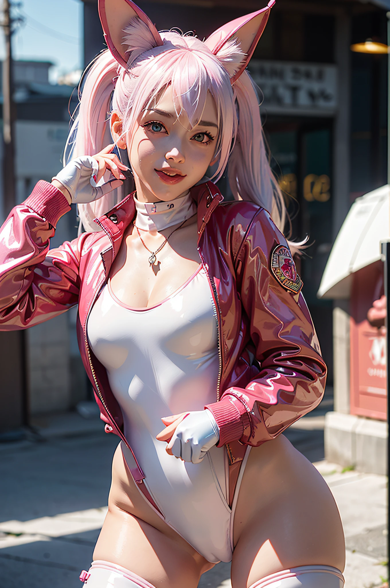 (photorealistic:1.4),best quality, ultra high res,
4k, instagram, 
higly detailed, ((SFW))
alice \(nikke\),(pink full bodysuit:1.3),animal ears, (fake animal ears:1.2), gloves, headphones, headset,
(red jacket:1.5),(latex full bodysuit:1.3),(pink latex bodysuit:1.2), pink eyes,(twintails:1.2),  white gloves, (white hair:1.3),
VirtualGirl-Aim, medium breasts, crystal pendant, smile,
blurry background,