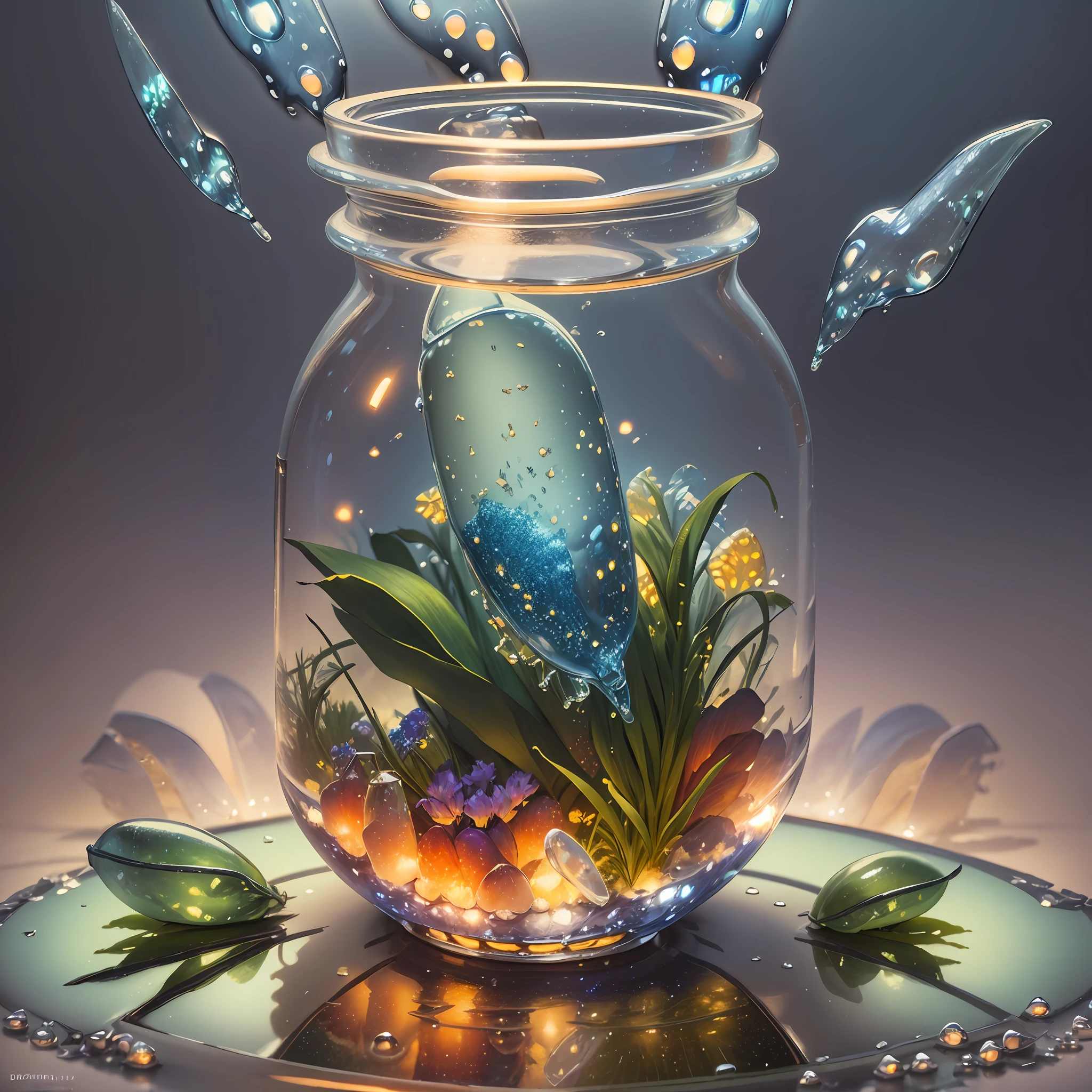 Computer, Extensive landscape ultrasound photography (general view, which shows a glass glass, glass bottle, inside, lily, ice), bottle, lily (detailed description of the bottle, lily), glass, (detailed description), inside the glass dew (ultradetail), white, blue lily (detailed), fog (detail), bottle, reflection of dawn (1:3), fireflies (1:3), (ultradetailed description of appearance), bottle, lily, candle, lantern, (crystals: 1,2), BREAK production art, (cold light source:1. 2), (Firefly:1.2),green, orange, yellow, fire particles, colors, intricate details, volumetric lighting, realistic fantasy BREAK (masterpiece:1.2), (best quality), 4k, ultra-detailed, (dynamic composition: 1.4), high detailed, colorful details, (gloomy colors: 1.2), (luminous lighting, atmospheric lighting), warm, light, magical, voluminous --auto --s2