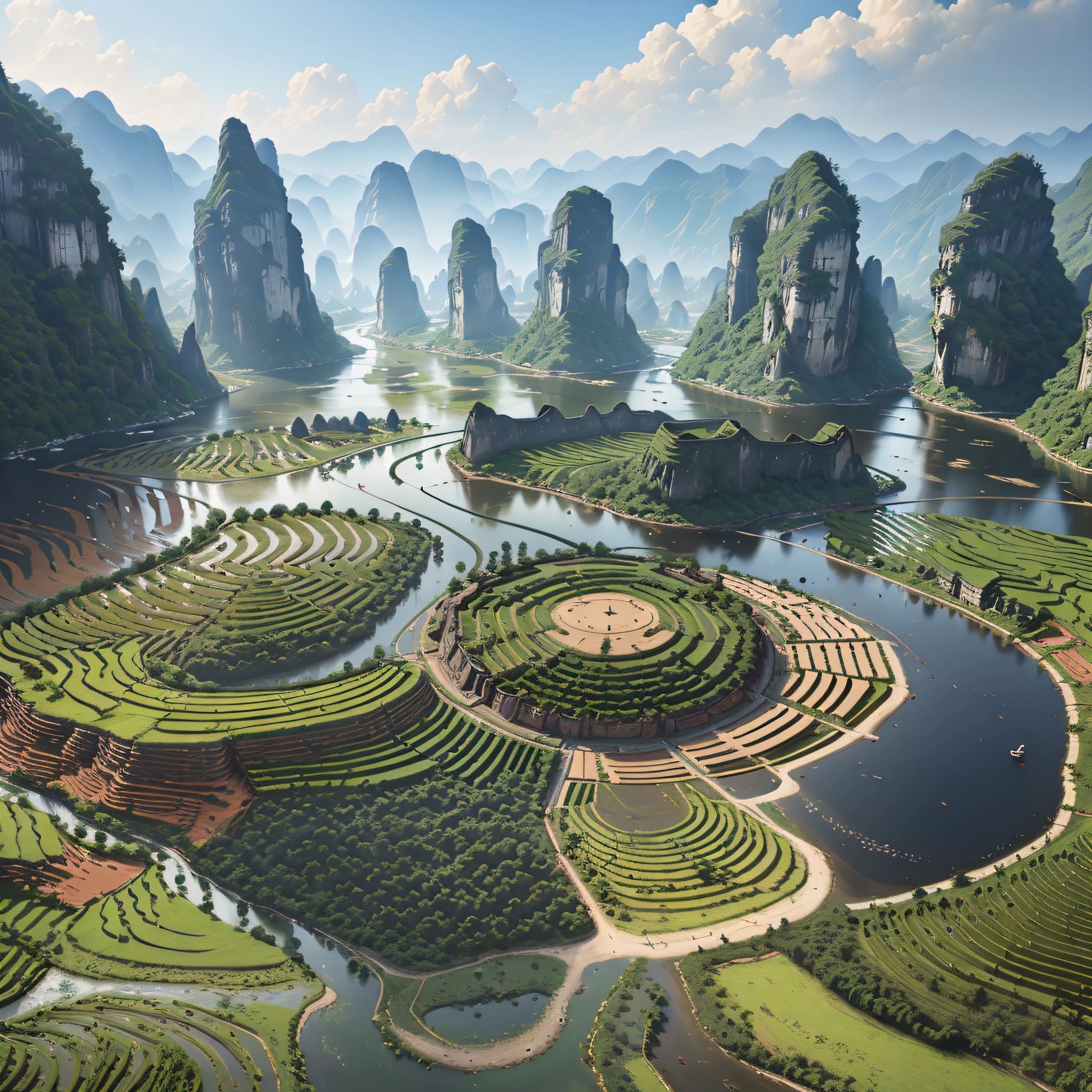Guangxi river pond, mountain high and deep water, karst landform, terraced fields, peasant farming, wooden mud tile houses, boating, Huanjiang River --auto --s2