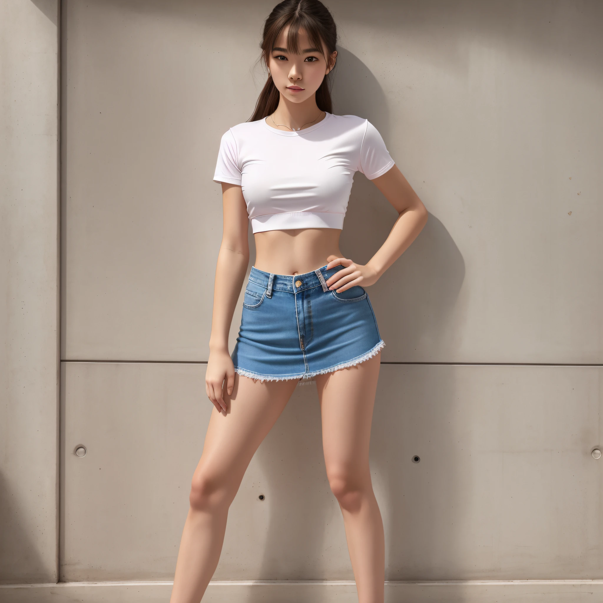 Best quality, full body portrait, delicate face, 18 year old girl, slim figure, small bust, white crop top T-shirt, waist pink denim skirt, gymnasium scene, standing tall --auto --s2