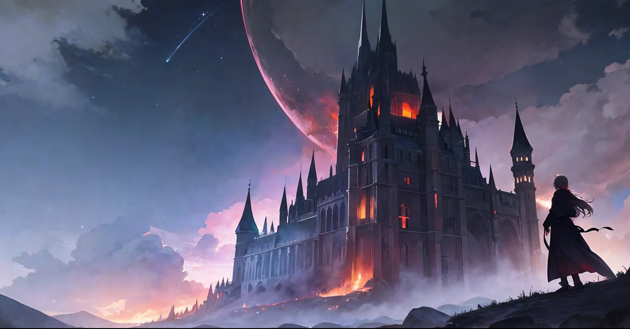 (masterpiece, top quality, best quality,watercolor )(medium),(official art, beautiful and aesthetic:1.2),, an ultra-detailed and haunting depiction of the darkside, a monstrous demon castle dominates the scee, spewing smoke and fire into the sky. The sky is a deep crimson, with a dark and forbidding atmosphere,[ :(smoky mountains,foggy atmosphere,(flying embers),sky adorned with stars,misty clouds,illuminated by fire):0.6],starry sky, stars in the background, shining halo,standing atop a mountaintop, overlooking a vast kingdom