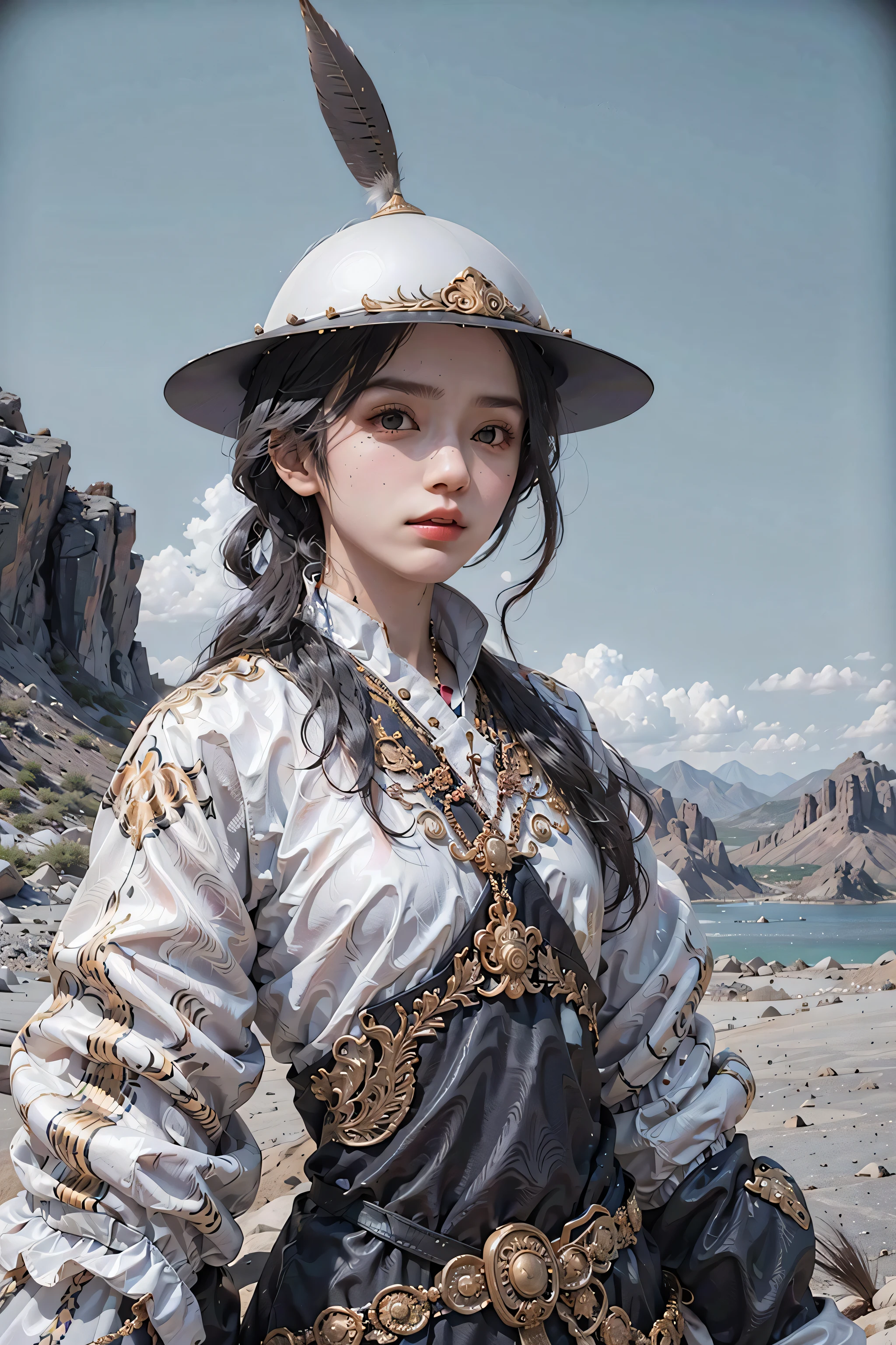 1girl, white military uniform, desert, masterpiece, 8k, best quality, black hair, yellow feather feidie_helmet, red furry cloak, cape