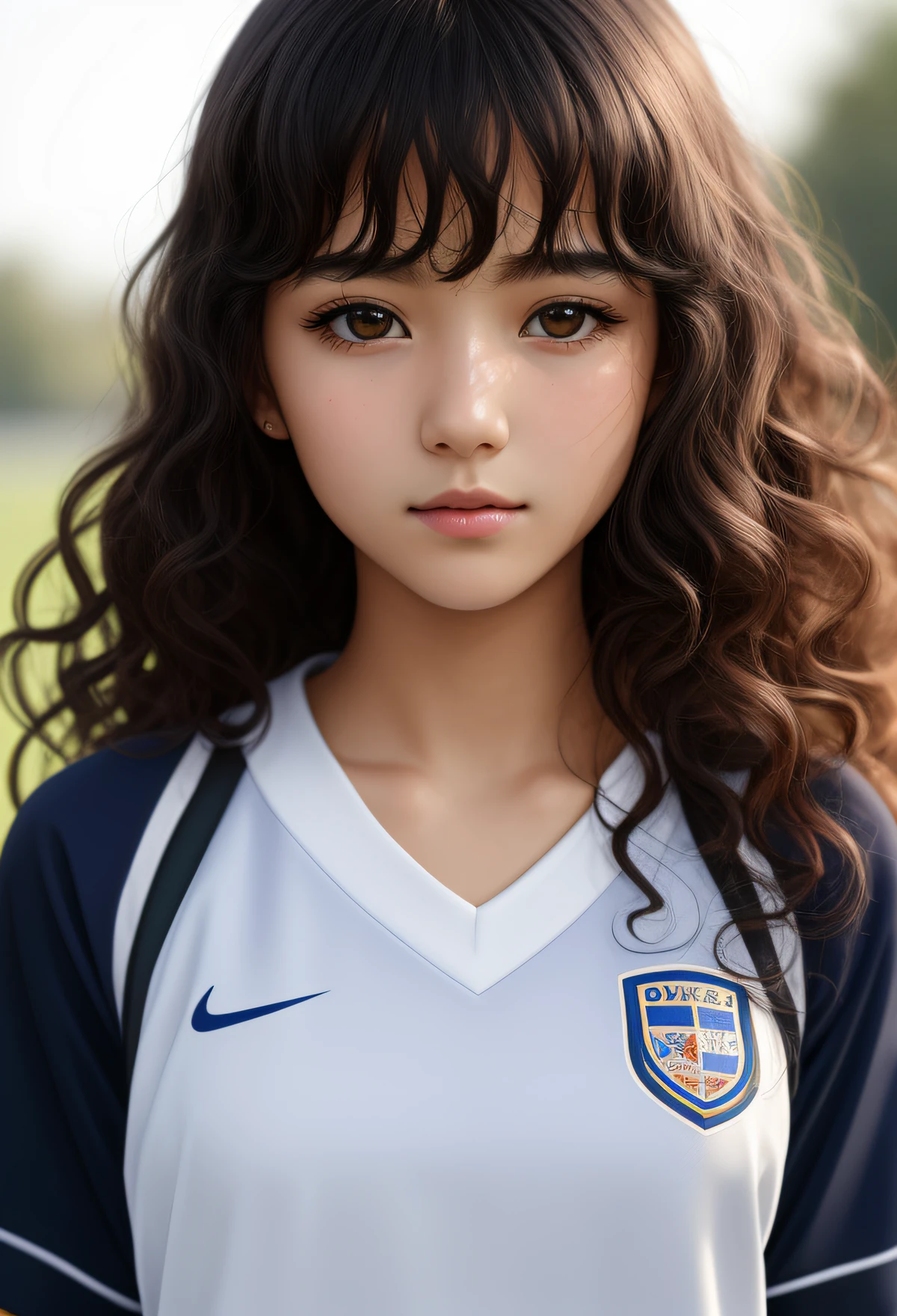 17-year-old schoolgirl, cute schoolgirl, beautiful girl, delicate and beautiful girl, delicate facial features, close-up portrait, 8K picture quality, extreme detail, detail portrayal, messy hair, (cute bangs), wavy micro-curls, hair shoulder-length, flowing hair, black hair, slim face, looming figure, perfectly proportioned body, slim body, realism, ultra-high resolution, master work 1, realistic texture, cinematic lighting realism, facial features, supple lips, ((pure lust makeup)), Pure Girl, First Love, First Love, Shy, Blushing, Shy, Innocent Expression, Spring, Outdoor, Gaze at the Camera, Look at the Viewer, Soccer Baby, Soccer Jersey, Shorts