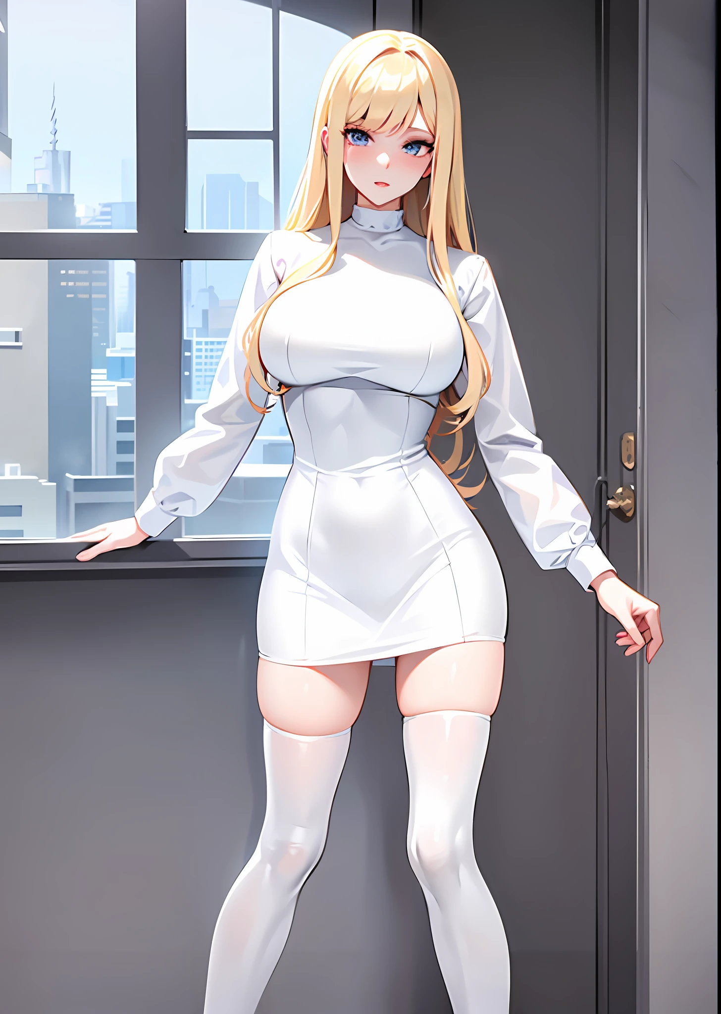 blond woman in white outfit posing for a picture in front of a window, in white clothes, white silky outfit, in white turtleneck shirt, smooth white tight clothes suit, white outfit, white color, with a long white, white clothes, photo of slim girl model, white puffy outfit, white miniskirt, pale milky white porcelain skin, full body picture