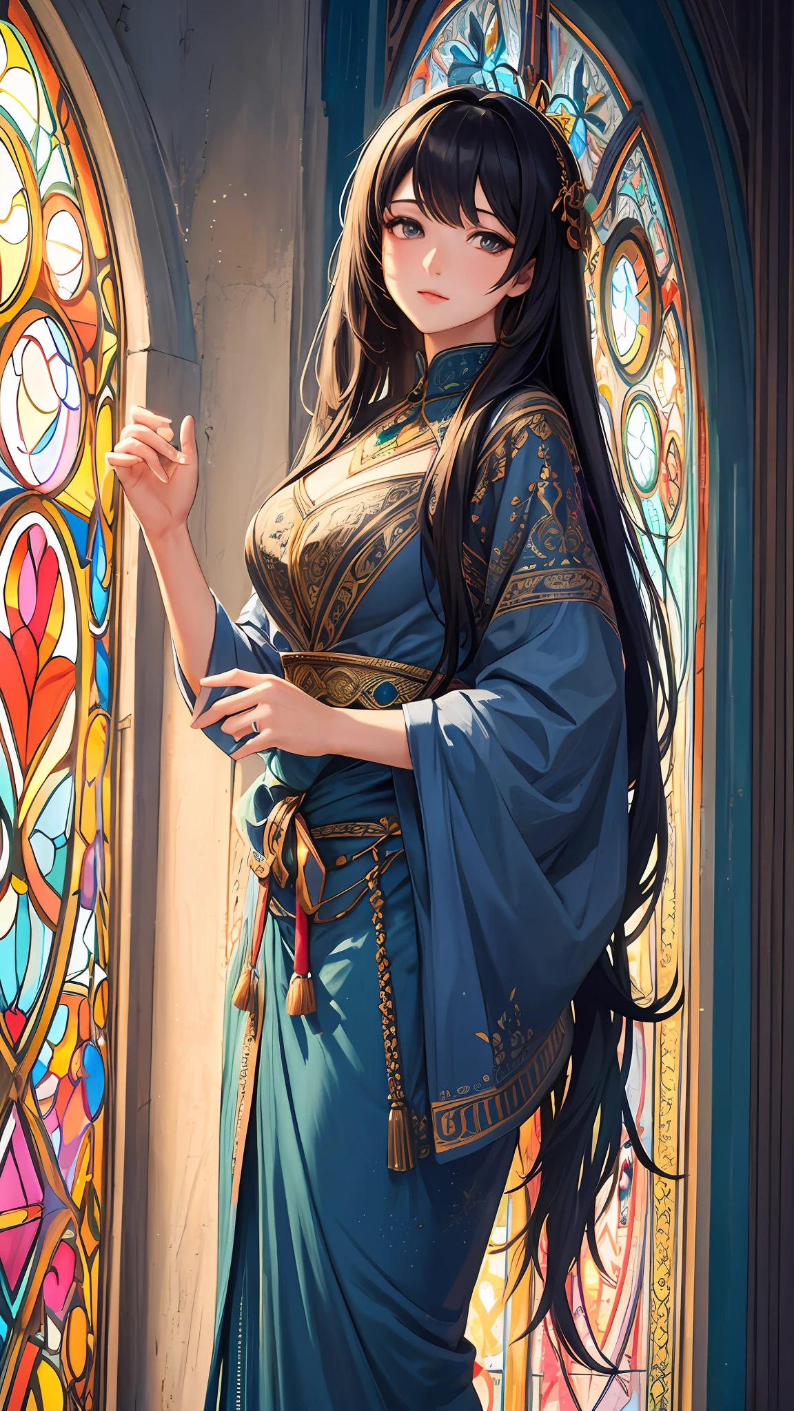(masterpiece, top quality, best quality,official art, beautiful and aesthetic:1.2),(1girl:1.3), 1girl BREAK stained glass art, colored glass, lead lines, light transmission BREAK vibrant colors, intricate designs, luminous effects, spiritual ambiance