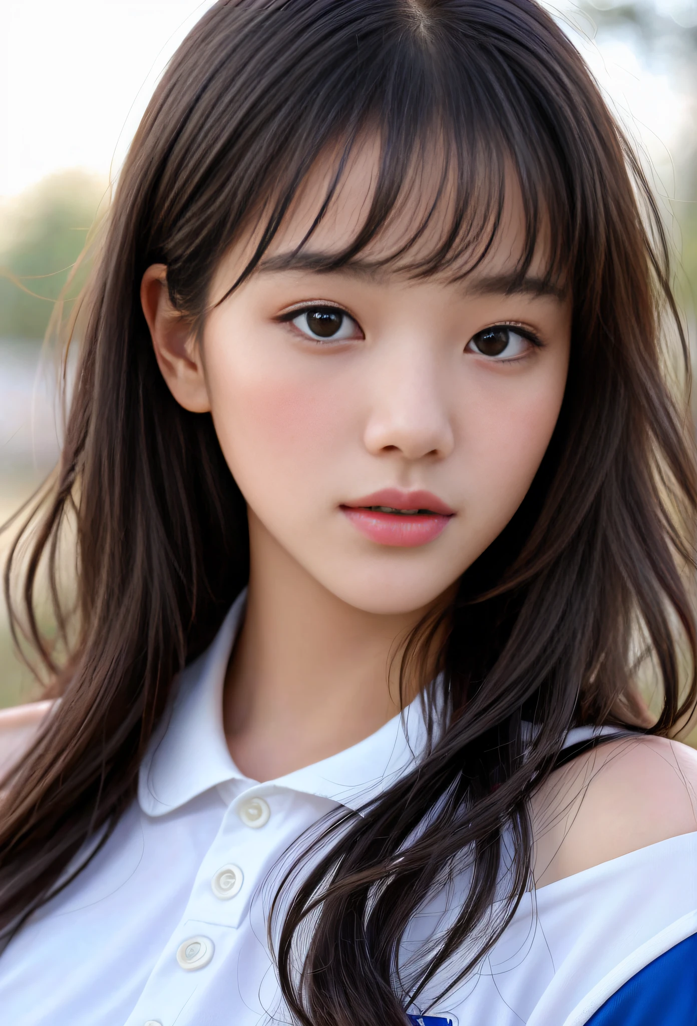 17-year-old schoolgirl, cute schoolgirl, beautiful girl, delicate and beautiful girl, delicate facial features, close-up portrait, 8K picture quality, extreme detail, detail portrayal, messy hair, (cute bangs), wavy micro-curls, hair shoulder-length, flowing hair, black hair, slim face, looming figure, perfectly proportioned body, slim body, realism, ultra-high resolution, master work 1, realistic texture, cinematic lighting realism, facial features, supple lips, ((pure lust makeup)), Pure Girl, First Love, First Love, Shy, Blushing, Shy, Innocent Expression, Spring, Outdoor, Gaze at the Camera, Look at the Viewer, Soccer Baby, Soccer Jersey, Shorts
