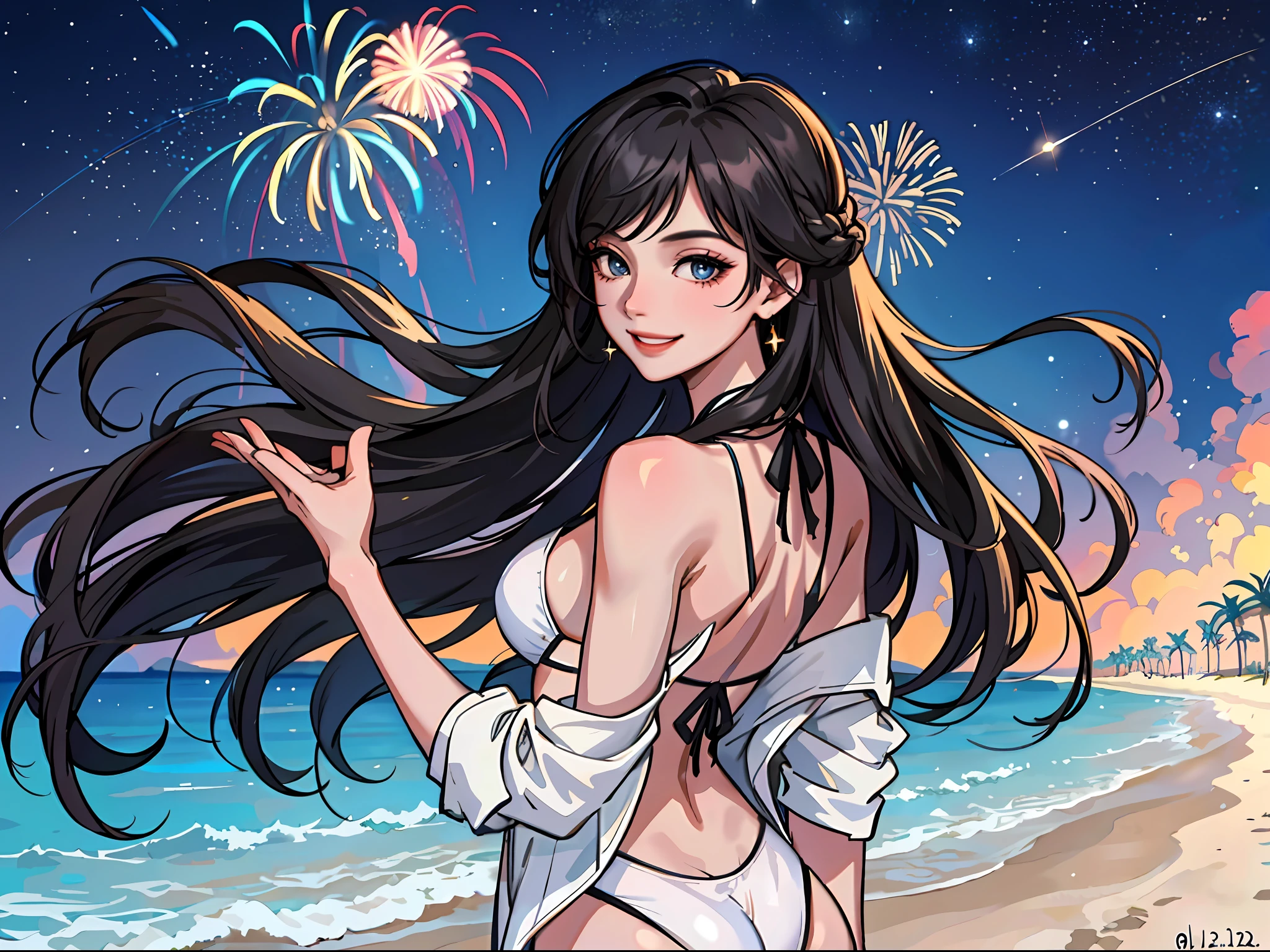 (Masterpiece: 1.2, highest quality), (1 Lady, Solo, Upper Body: 1.2), Hair: Black medium hair, Clothing: White micro bikini, T-back, hanging out on the beach, fireworks display, smile, night, starry sky, emphasis on ass