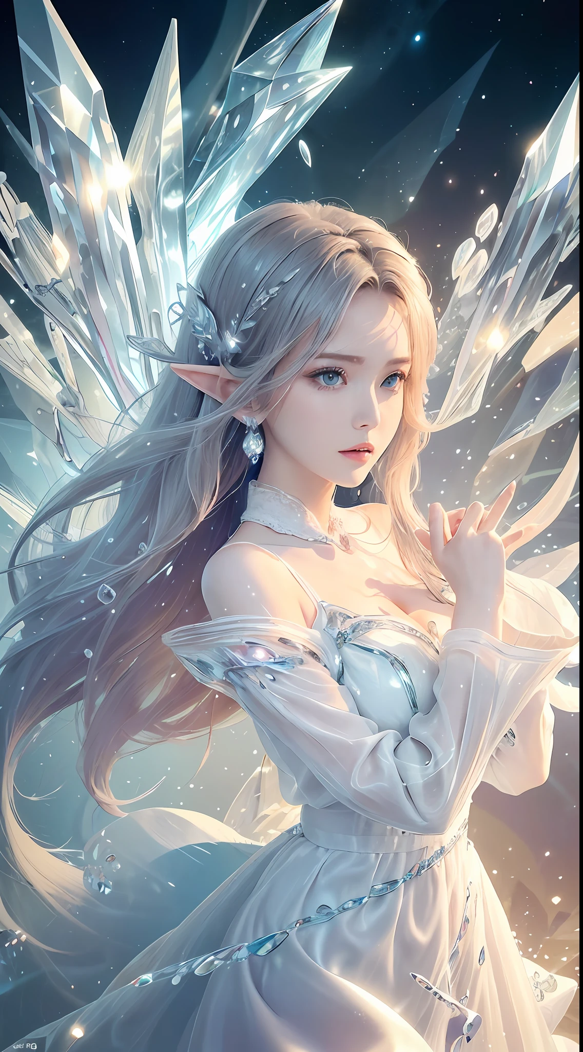 (Masterpiece, Top Quality, Best, Official Art, Beautiful and Aesthetic, Long Exposure: 1.2), Smooth Movement, Charming Patterns, 1 Girl, (Long Dress with Sleeves: 1.3), (((White Clothes) )), upper body close-up, bare shoulders, Chinese girl, blush, black lob hair, portrait, solo, upper body, looking at the observer, detailed background, detailed face, (crystallineAI, crystalline theme:1.1), elemental wind elves, rotation Wind, control the wind, white crystal clothing, dynamic pose, floating particles, ethereal dynamics, whirlwind, vapor, whirlwind in the background, white tone, whirlwind, ethereal atmosphere,