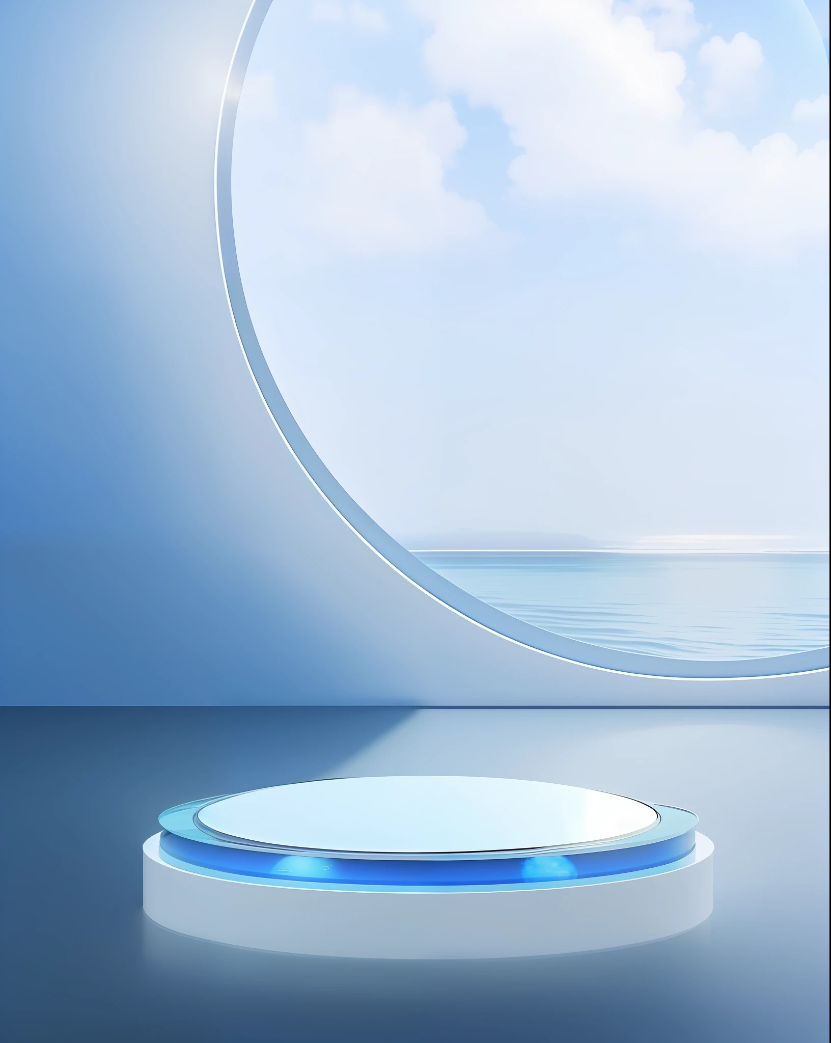 there is a round mirror on the wall of a room, ocean in the background, brightly lit blue room, round background, blue backgroung, lounge background, the ocean in the background, futuristic room background, personal room background, ocean background setting, with a blue background, open window ib background, sea in the background, futuristic and ethereal, arena background