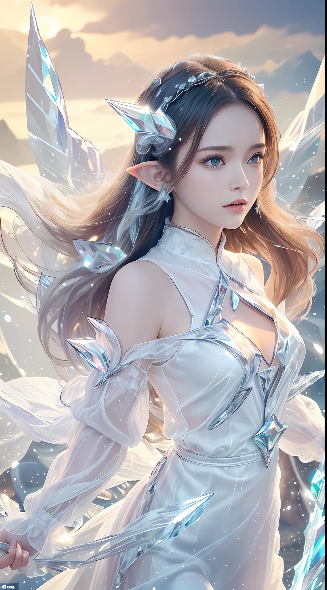 (Masterpiece, Top Quality, Best, Official Art, Beautiful and Aesthetic, Long Exposure: 1.2), Smooth Movement, Charming Patterns, 1 Girl, (Long Dress with Sleeves: 1.3), (((White Clothes) )), upper body close-up, bare shoulders, Chinese girl, blush, black lob hair, portrait, solo, upper body, looking at the observer, detailed background, detailed face, (crystallineAI, crystalline theme:1.1), elemental wind elves, rotation Wind, control the wind, white crystal clothing, dynamic pose, floating particles, ethereal dynamics, whirlwind, vapor, whirlwind in the background, white tone, whirlwind, ethereal atmosphere,