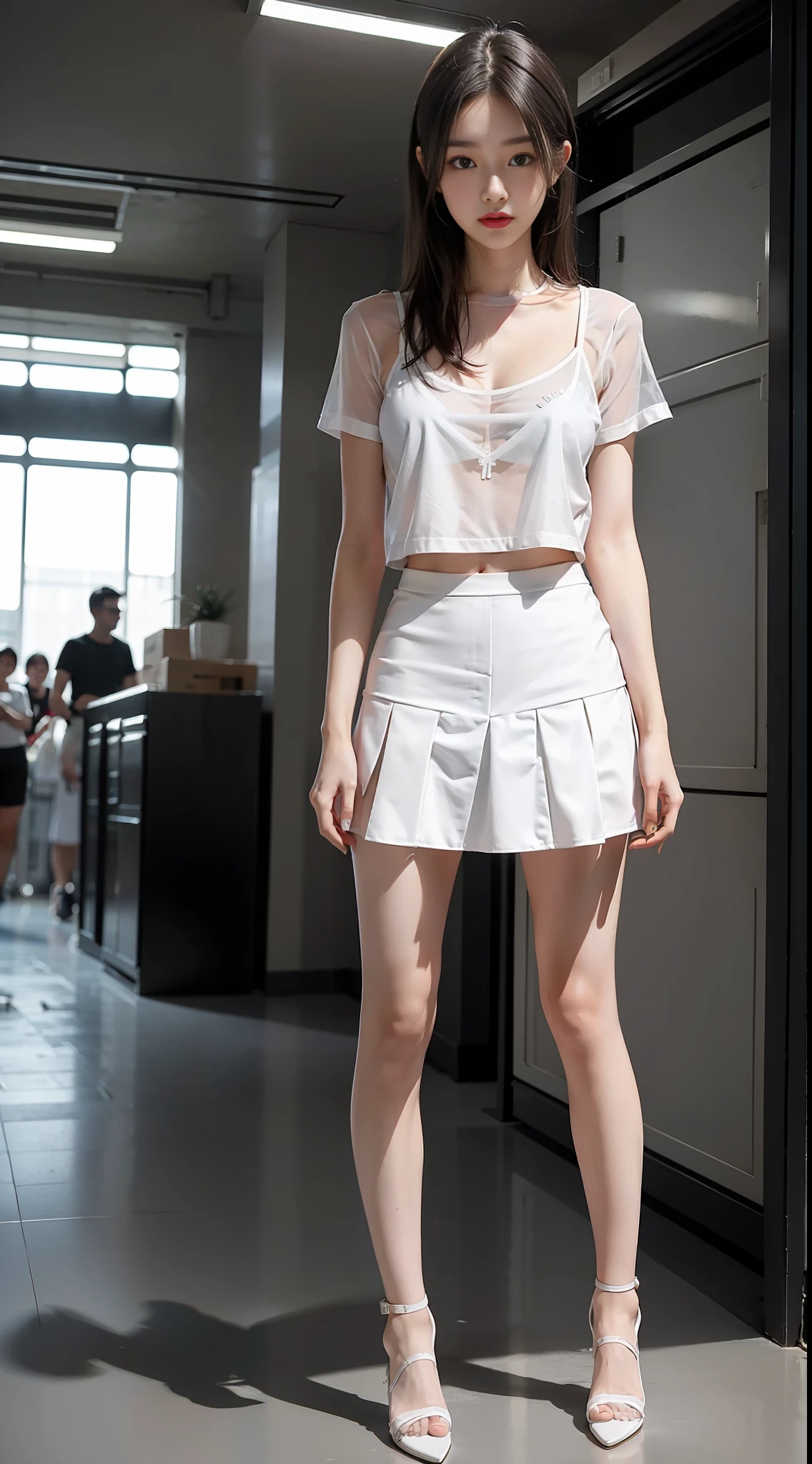 Girl posing for photo in white transparent bra and transparent short skirt, full body portrait, cropped T-shirt, transparent bra and streetwear, slim figure, large bust, slim girl model, 24 year old female model, white high heels, standing posture,