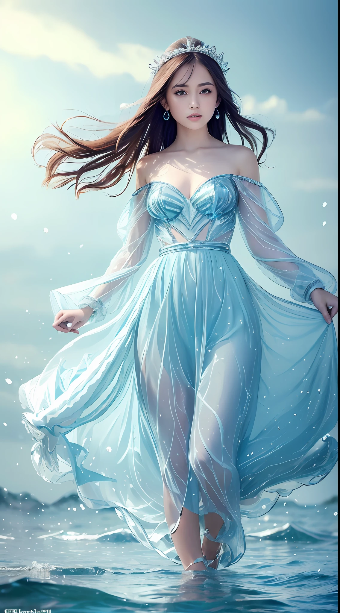 (masterpiece, top quality, best, official art, beautiful and aesthetically pleasing, long exposure: 1.2), smooth movement, charming pattern, 1 girl, (long skirt with sleeves: 1.3), blue dress, upper body close-up , bare shoulders, Chinese girl, freckles, black lob hair, portrait, solo, upper body, watching observer, detailed background, detailed face, (crystallineAI, crystalline theme:1.1), elemental water sprite, spinning water, controlling water, diamond clothes, dynamic poses, floating particles, ethereal dynamics, water, vapor, ocean in the background, blue tones, coast, ethereal atmosphere,