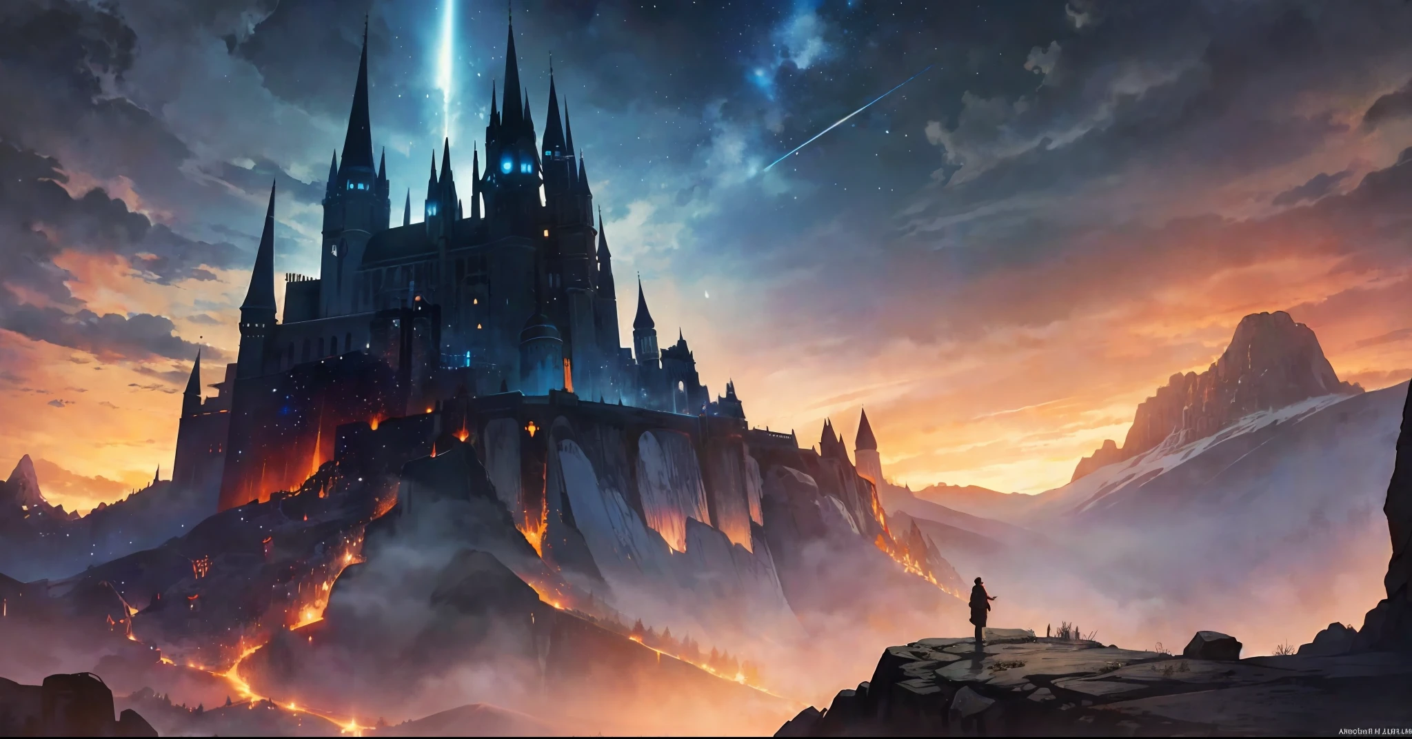 (masterpiece, top quality, best quality,watercolor )(medium),(official art, beautiful and aesthetic:1.2),, an ultra-detailed and haunting depiction of the darkside, a monstrous demon castle dominates the scee, spewing smoke and fire into the sky. The sky is a deep crimson, with a dark and forbidding atmosphere,[ :(smoky mountains,foggy atmosphere,(flying embers),sky adorned with stars,misty clouds,illuminated by fire):0.6],starry sky, stars in the background, shining halo,standing atop a mountaintop, overlooking a vast kingdom