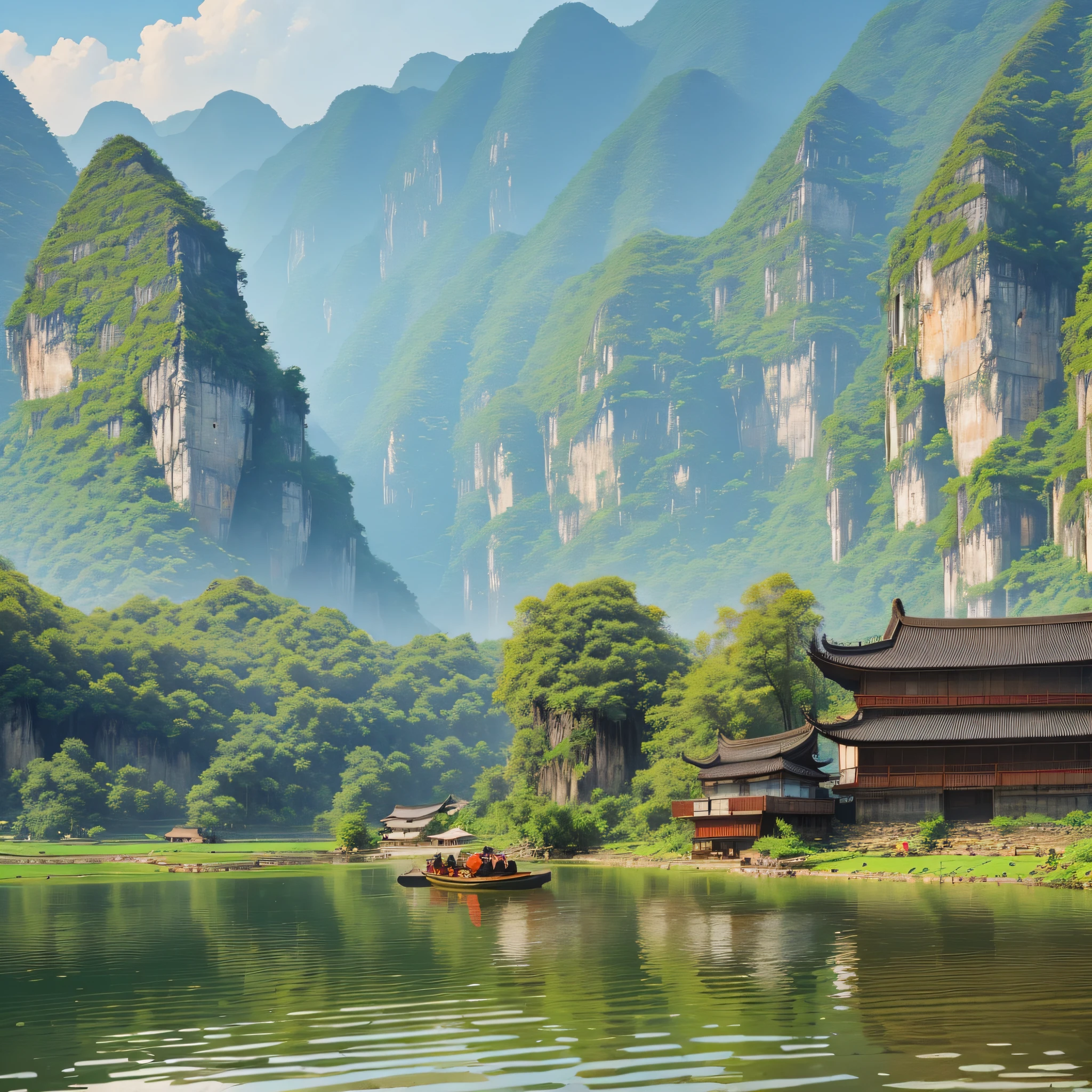 Guangxi river pond, mountain high and deep water, karst landform, terraced fields, peasant farming, wooden mud tile houses, boating, Huanjiang River --auto --s2