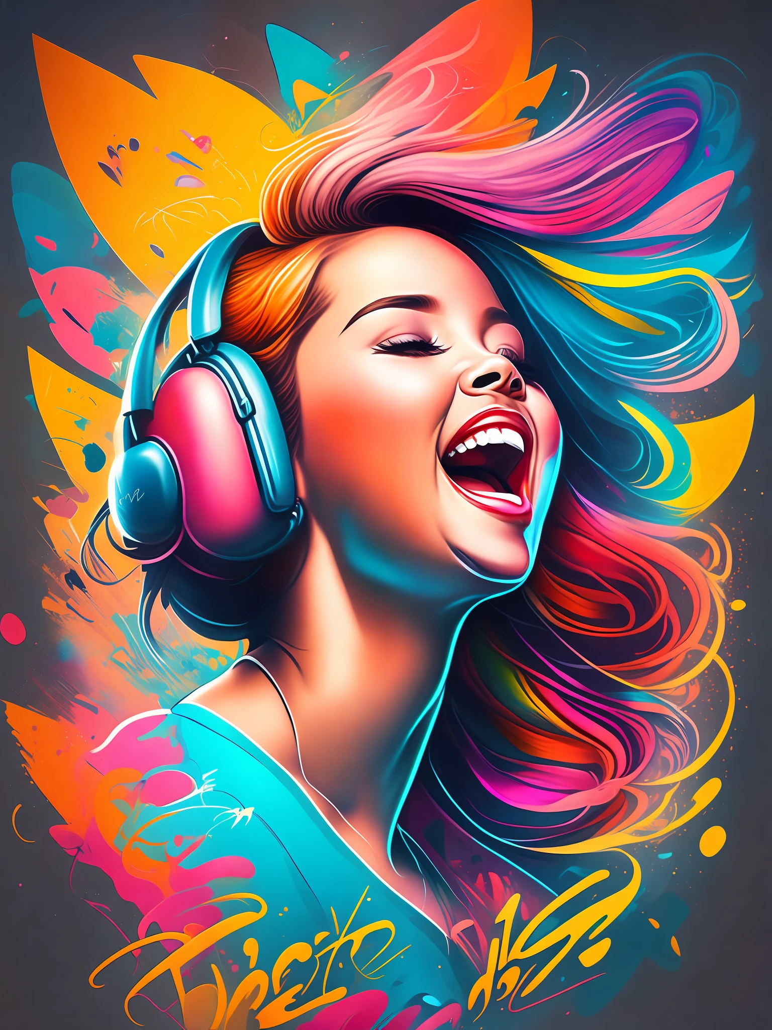 the graffiti style of cute woman is singing, ((soft colorful, rich colors,high detailed, masterpiece,natural lighting,less Shadow,high quality, graffiti style))