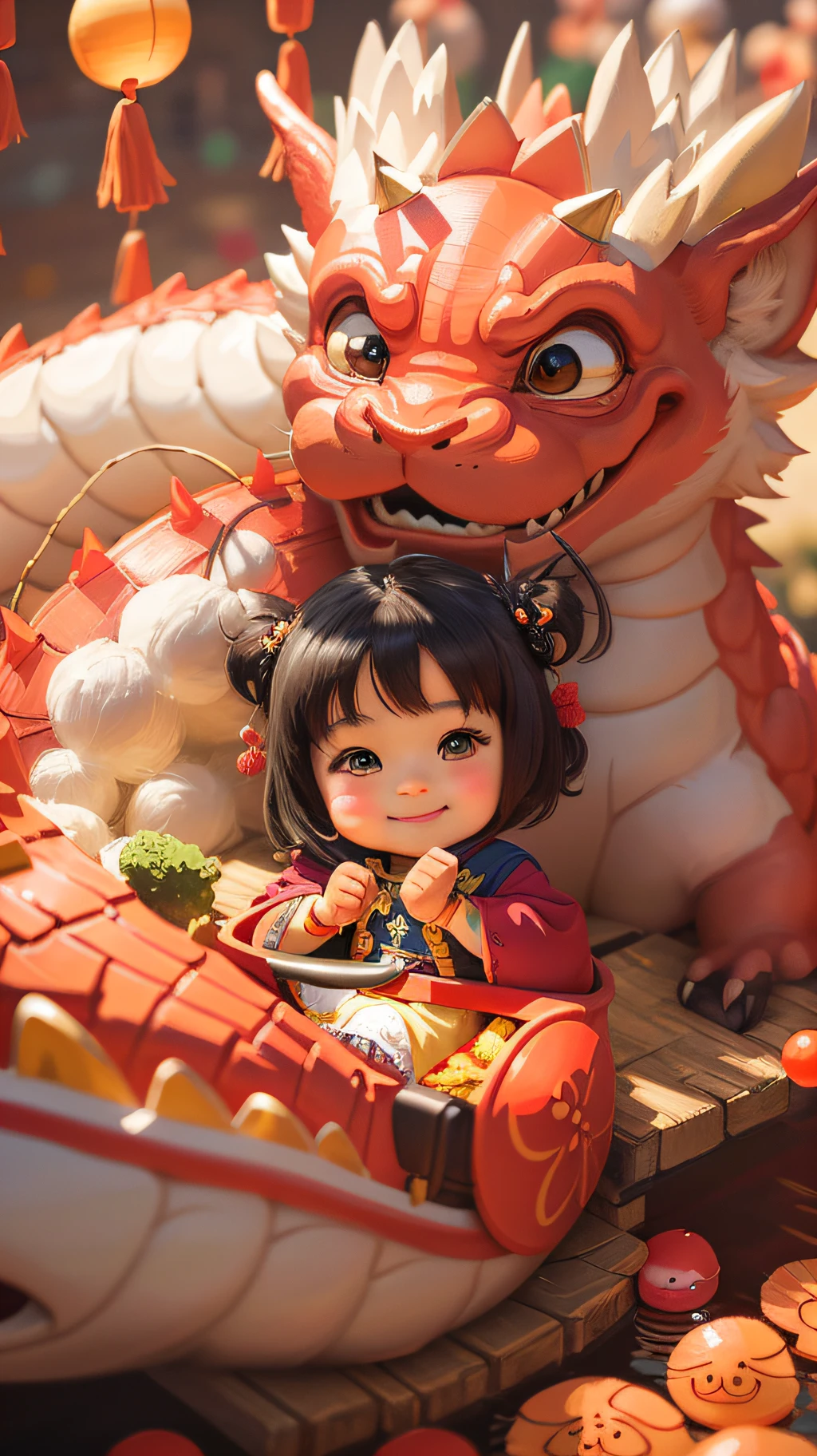 Miyazaki Hayao style, a little girl with a smile, dragon boat festival, close-up view, little cute chibi graphics, ilm photography, highly detailed, best quality, ultra-fine painting, bright colors, depth of field, 32k,