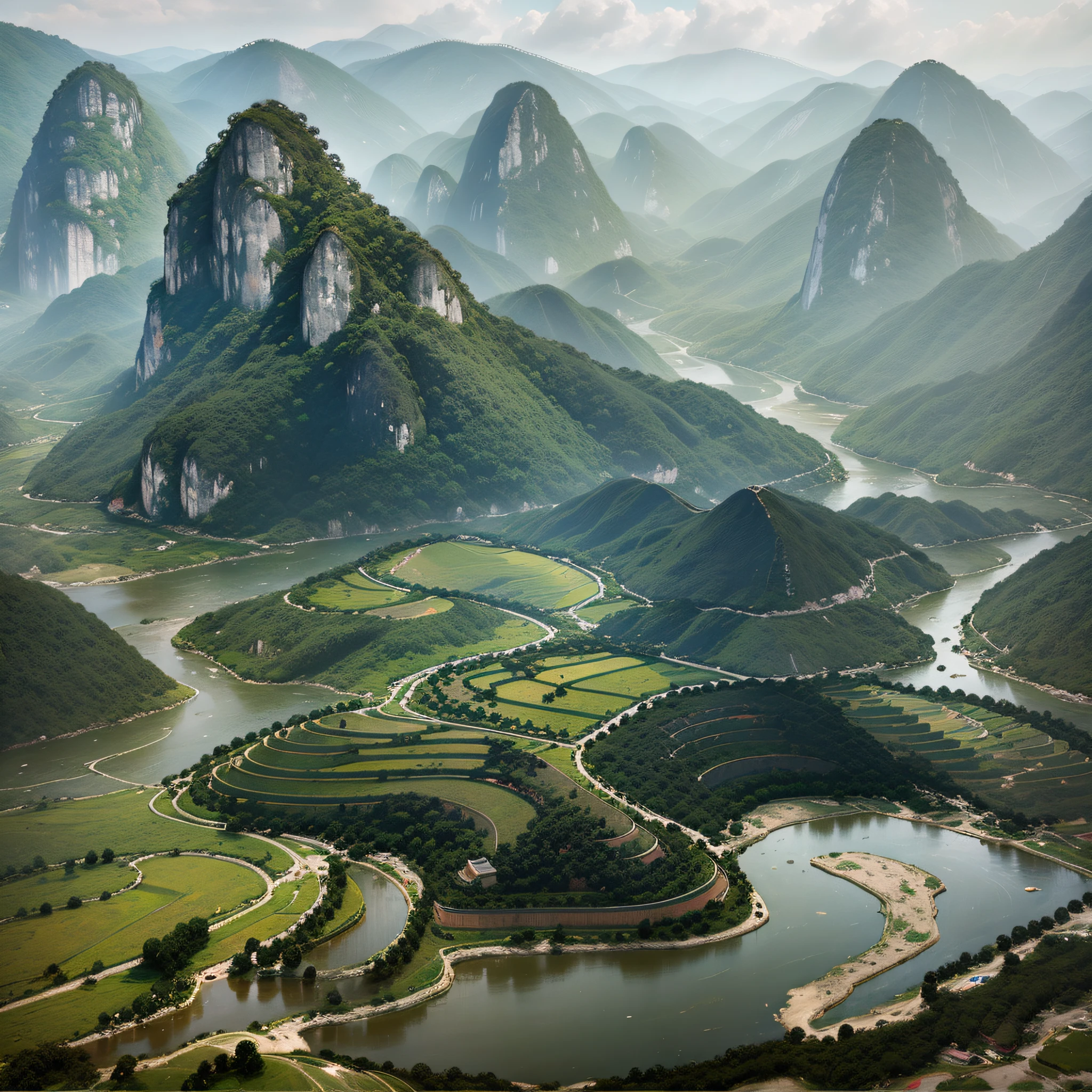 Guangxi river pond, mountain high and deep water, karst landform, terraces, peasant farming, wooden mud houses, boating