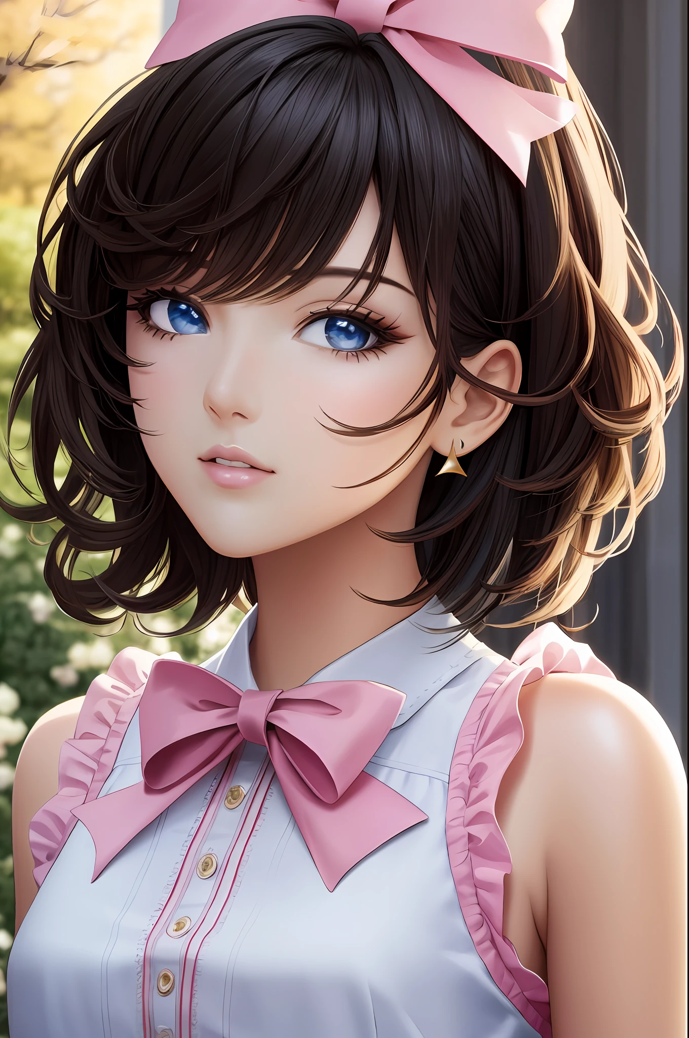 Illustration, anime style, (masterpiece, top quality, super detail, high resolution), perfect face, beautiful eyes, sidelights, shiny skin, (bloom), (shine), lighting, ray tracing, 1girl, solo, black short hair, black moisturized eyes, summer short sleeves, hair bow, pink skirt, bow, pink bow, lips, upper body, curly hair, chest, parted lips, jewelry, depth_of_ field, highly detailed background, highly detailed background, masterpiece, super detail, great composition,dynamic angle,[bottle bottom],(wide shot), very delicate and beautiful,(best quality), depth of field, solo, extreme light and shadow, masterpiece, rich in detail, (fine features), (best quality), (masterpiece), (detail), (beautiful) detail, Beautiful Detail Eye,(Straight On), Upper Body,(Very Detail CG Unity 8k wallpaper),(Masterpiece), (Best Quality), (Super Detail)(Best Illustration)(Best Shadow),Perfect Lighting,Perfect Anatomy