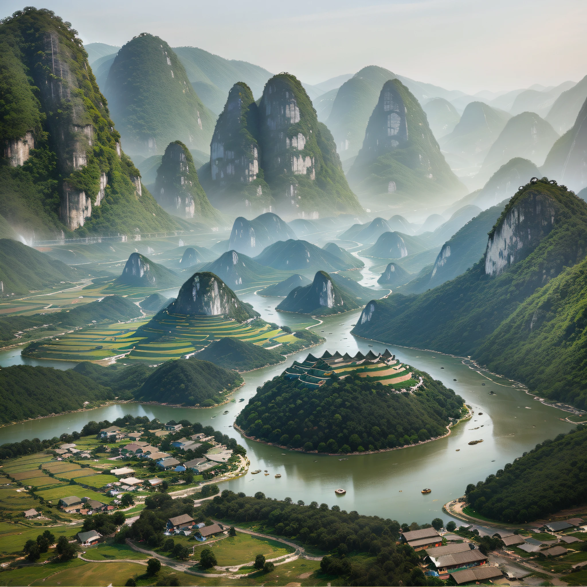 Guangxi river pond, mountain high and deep water, karst landform, terraces, peasant farming, wooden mud houses, boating