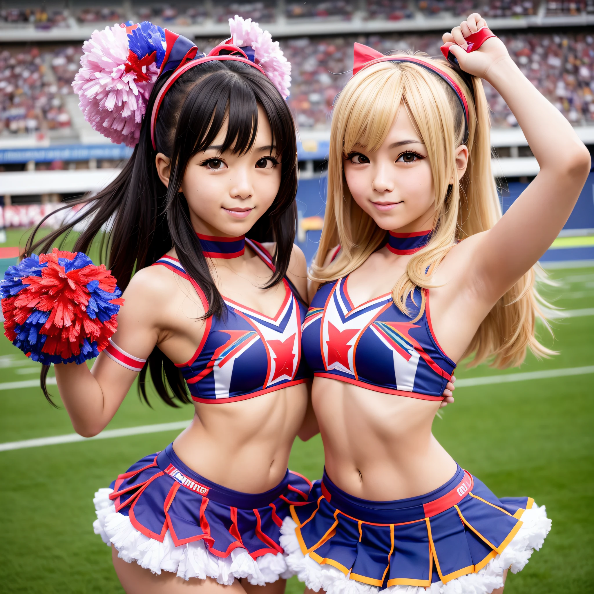 Two cheerleaders from Alafed Asia posing in stadium with pom-poms in hand, close-up, anime girl cosplay, close-up, cosplay photo, anime cosplay, , Japan mascot, arms up and showing sides