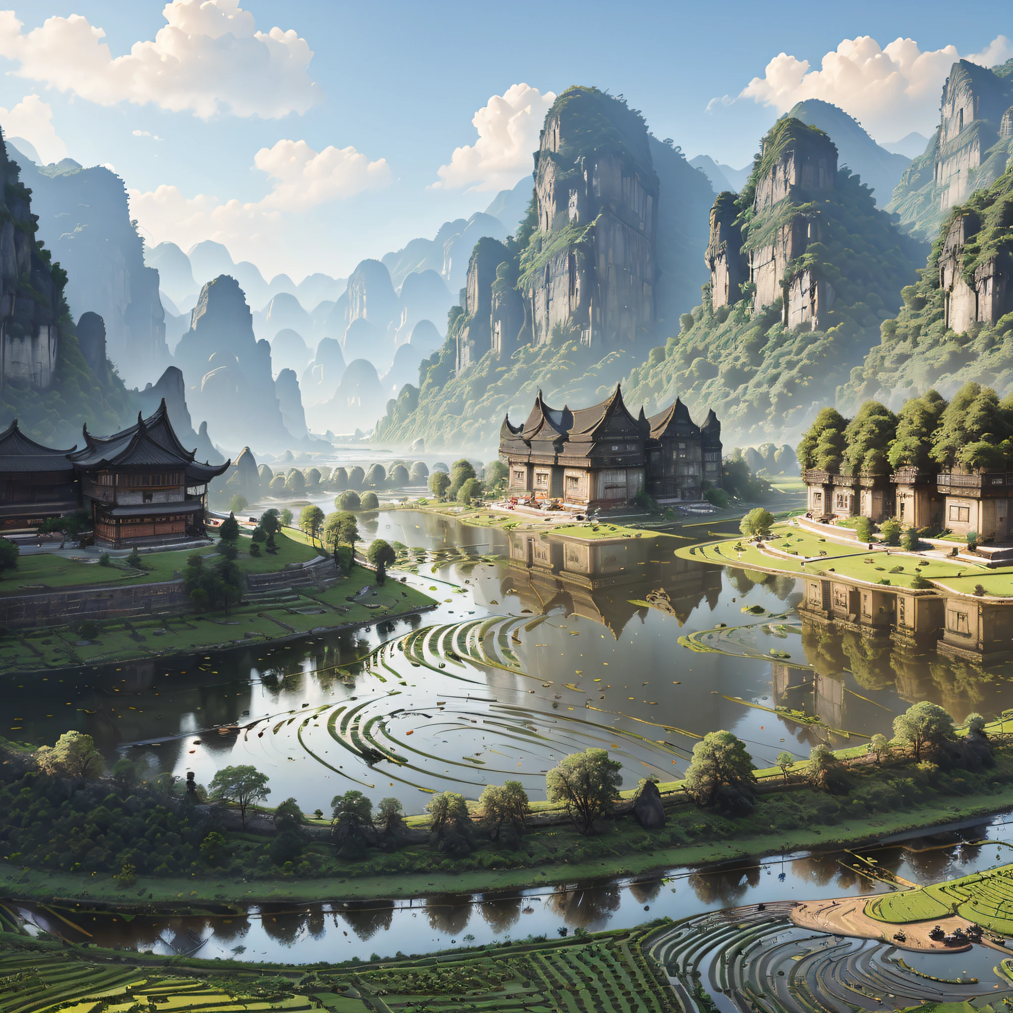 Guangxi river pond, mountain high and deep water, karst landform, terraced fields, peasant farming, wooden mud tile houses, boating, Huanjiang River --auto --s2