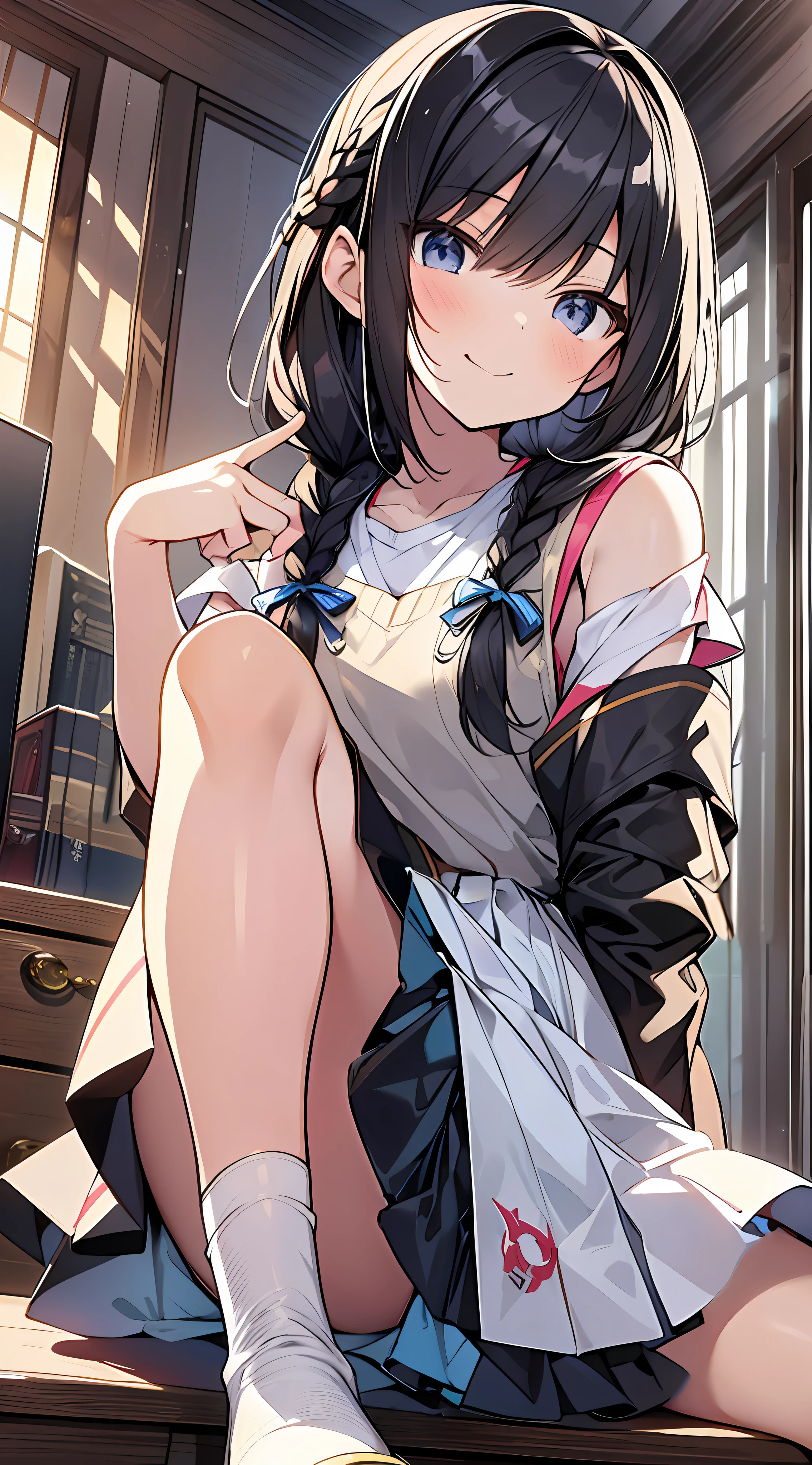 anime girl sitting on a desk with her legs crossed, anime moe artstyle, kantai collection style, anime visual of a cute girl, seductive anime girl, trending on artstation pixiv, beautiful anime girl squatting, the anime girl is crouching, loli in dress, guweiz on pixiv artstation, beautiful anime high school girl