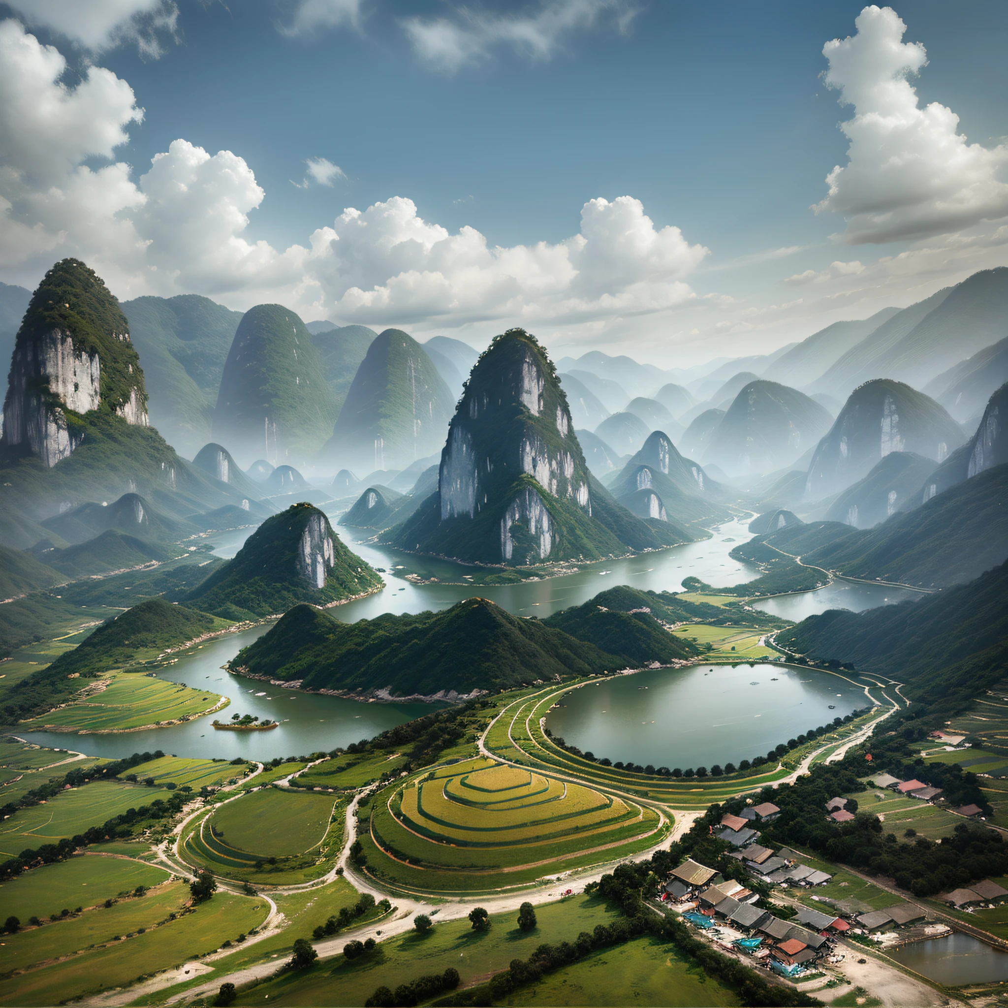 Guangxi river pond, mountain high and deep water, karst landform, terraces, peasant farming, wooden mud houses, boating