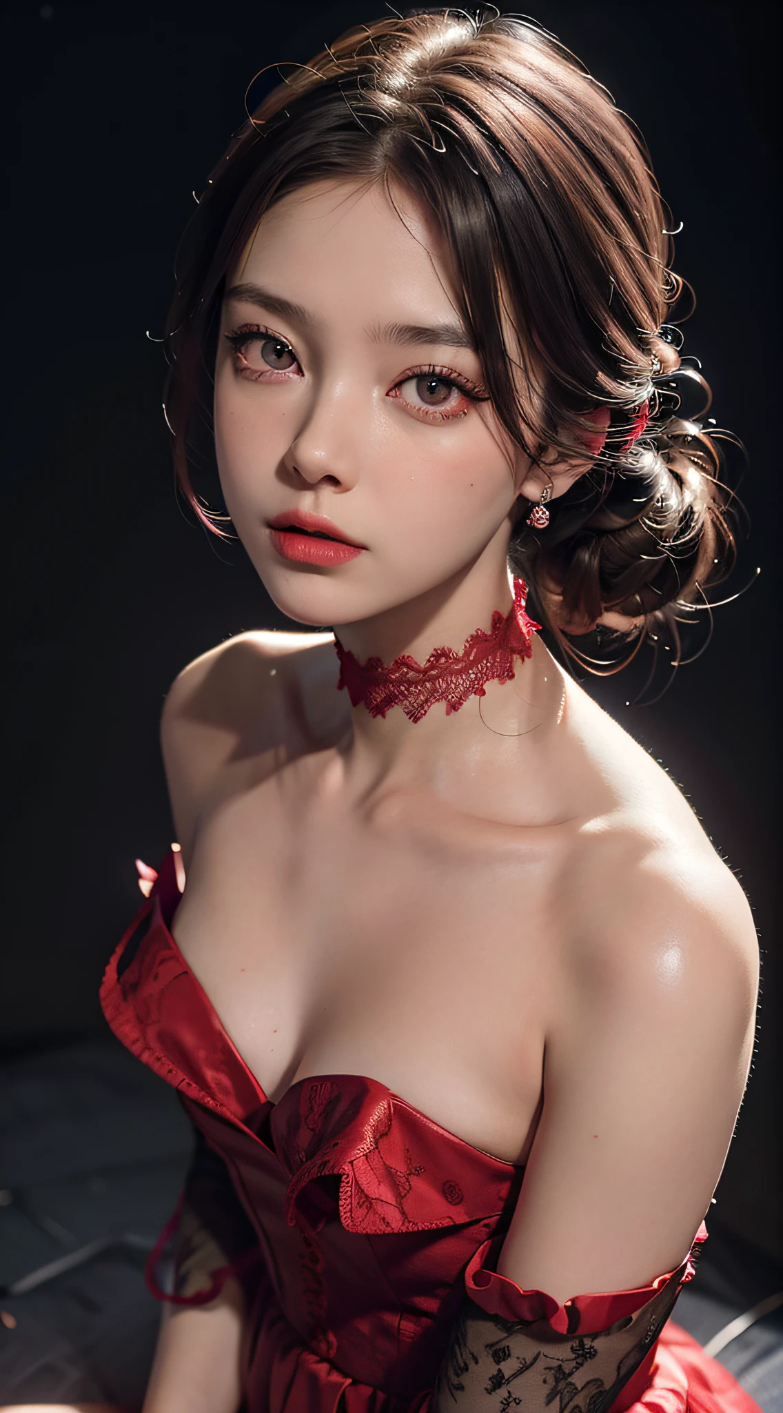 close up, (neon, night view, dutch angle, from above, strapless:1.3), masterpiece, best quality, raw photo, photorealistic, off shoulder, red lace dress, red choker, reddish purple eyes, updo, upper body, cleavage, facelight, shiny skin, film grain, chromatic aberration, absurdres, highres, ultra detailed, finely detail, detailed eyes and face, sharp pupils, realistic pupils, sharp focus