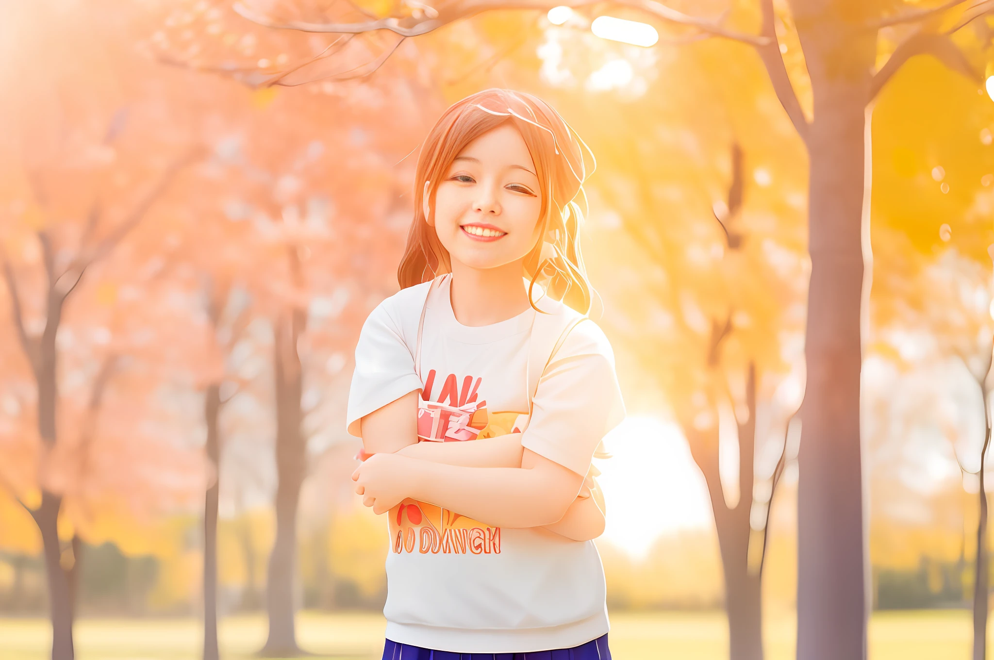 there is a young girl standing in a park with her arms crossed, korean girl, young asian girl, jaeyeon nam, of a youthful japanese girl, young anime girl, in a sunny day, park ji-min, anime. soft lighting, happy girl, rin, backlight photo sample, next gen, cute young girl, sunset light, fanart