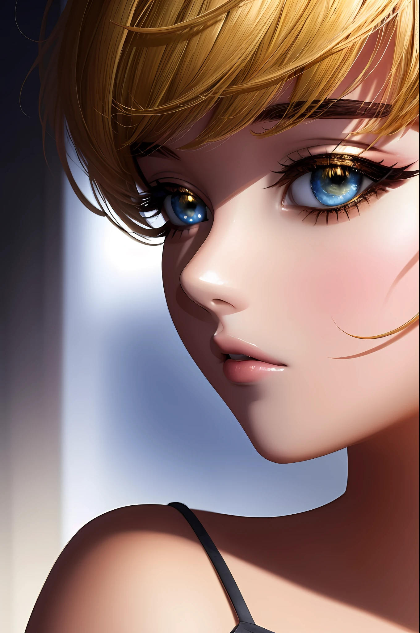 Illustration, anime style, (masterpiece, top quality, super detail, high resolution), perfect face, beautiful eyes, sidelights, shiny skin, (bloom), (shine), lighting, ray tracing, 1girl, solo, golden short hair, black moisturized eyes, summer short sleeves, hair bow, pink skirt, bow, pink bow, lips, upper body, curly hair, chest, parted lips, jewelry, depth_of_ field, highly detailed background, highly detailed background, masterpiece, super detail, great composition,dynamic angle,[bottle bottom],(wide shot), very delicate and beautiful,(best quality), depth of field, solo, extreme light and shadow, masterpiece, rich in detail, (fine features), (best quality), (masterpiece), (detail), (beautiful) detail, Beautiful Detail Eye,(Straight On), Upper Body,(Very Detail CG Unity 8k wallpaper),(Masterpiece), (Best Quality), (Super Detail)(Best Illustration)(Best Shadow),Perfect Lighting,Perfect Anatomy