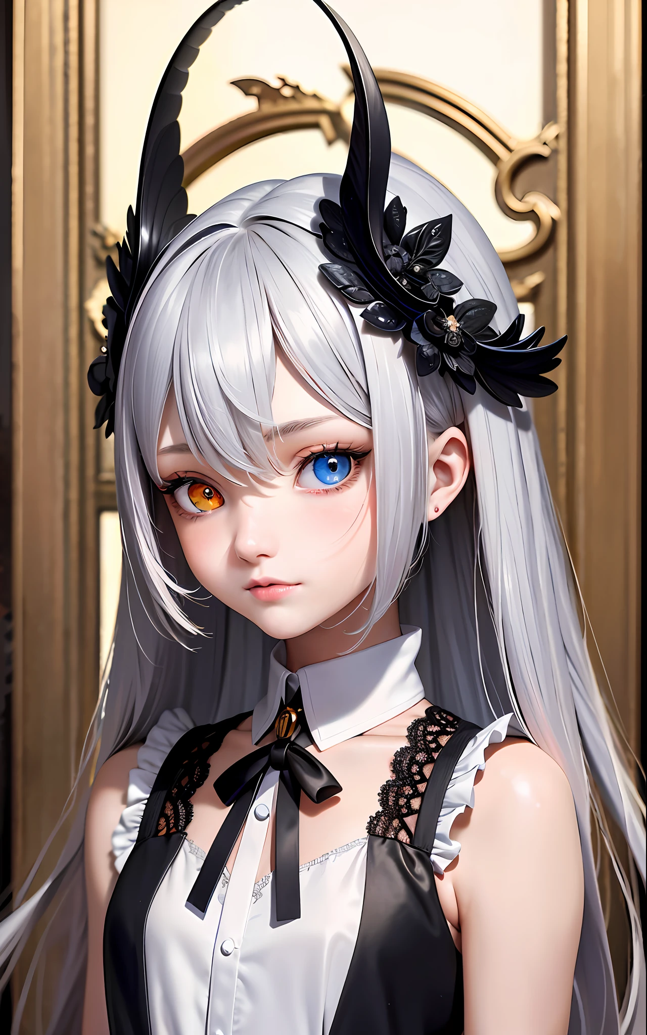 Superb Quality, Masterpiece, High Resolution, Best Quality, UHD, Super Detail, Award-Awarded, 16k, (Upper Body), A Beautiful Maiden, Gray Hair, Hair, ((Heterochromia)), Hanging Eye Corners, Fair Skin, (Small Breasts), (Slim Body), ((Student Uniform)), (Neck Ring)