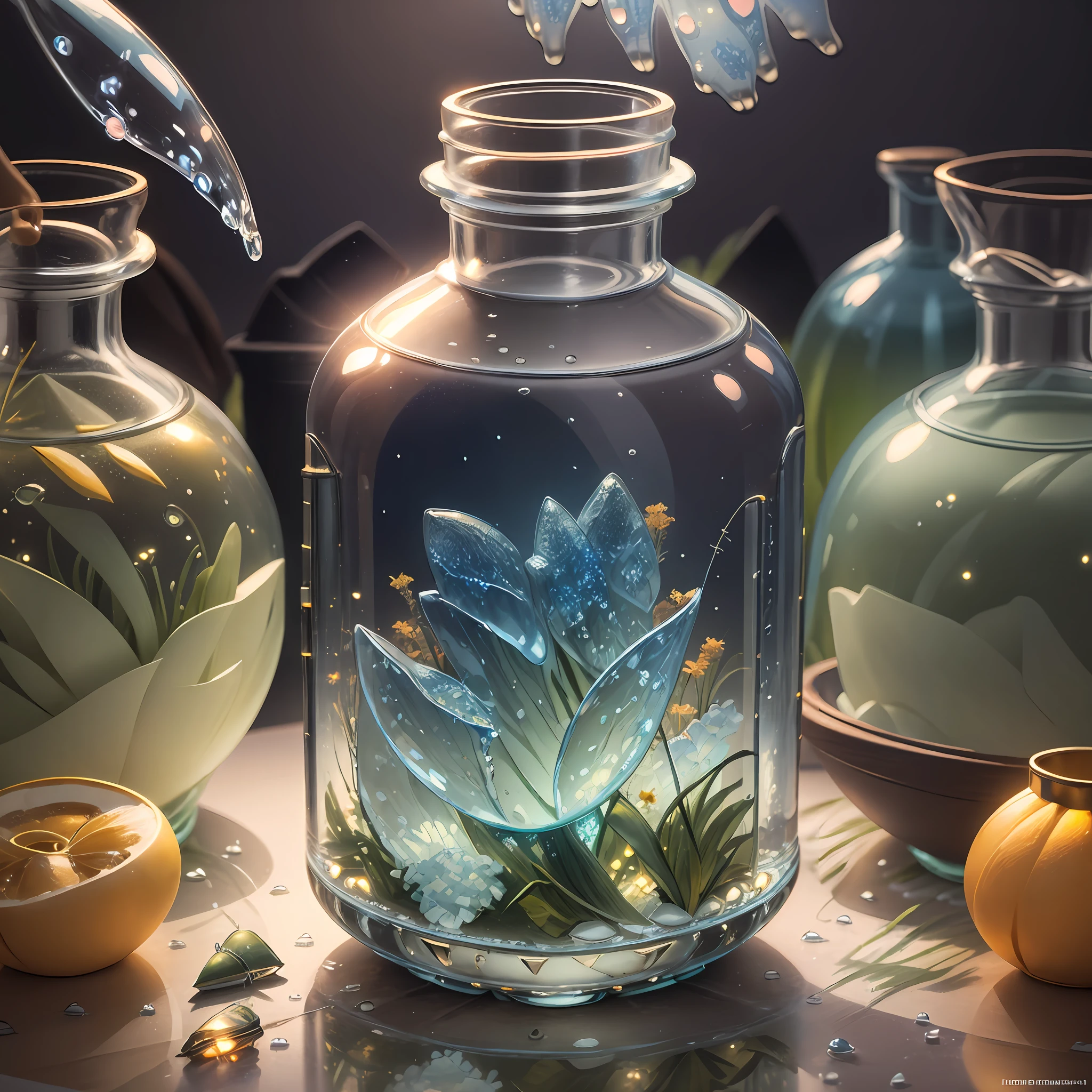 Computer, Extensive landscape ultrasound photography (general view, which shows a glass glass, glass bottle, inside, lily, ice), bottle, lily (detailed description of the bottle, lily), glass, (detailed description), inside the glass dew (ultradetail), white, blue lily (detailed), fog (detail), bottle, reflection of dawn (1:3), fireflies (1:3), (ultradetailed description of appearance), bottle, lily, candle, lantern, (crystals: 1,2), BREAK production art, (cold light source:1. 2), (Firefly:1.2),Green, Orange, Yellow, Fire Particles, Colors, Intricate Details, Volumetric Lighting, Realistic Fantasy BREAK (Masterpiece:1.2), (Best Quality), 4k, Ultra Detailed, (Dynamic Composition: 1.4), High Detailed, Colorful Details, (Gloomy Colors: 1.2), (Luminous Lighting, Atmospheric Lighting), Warm, Light, Magical,