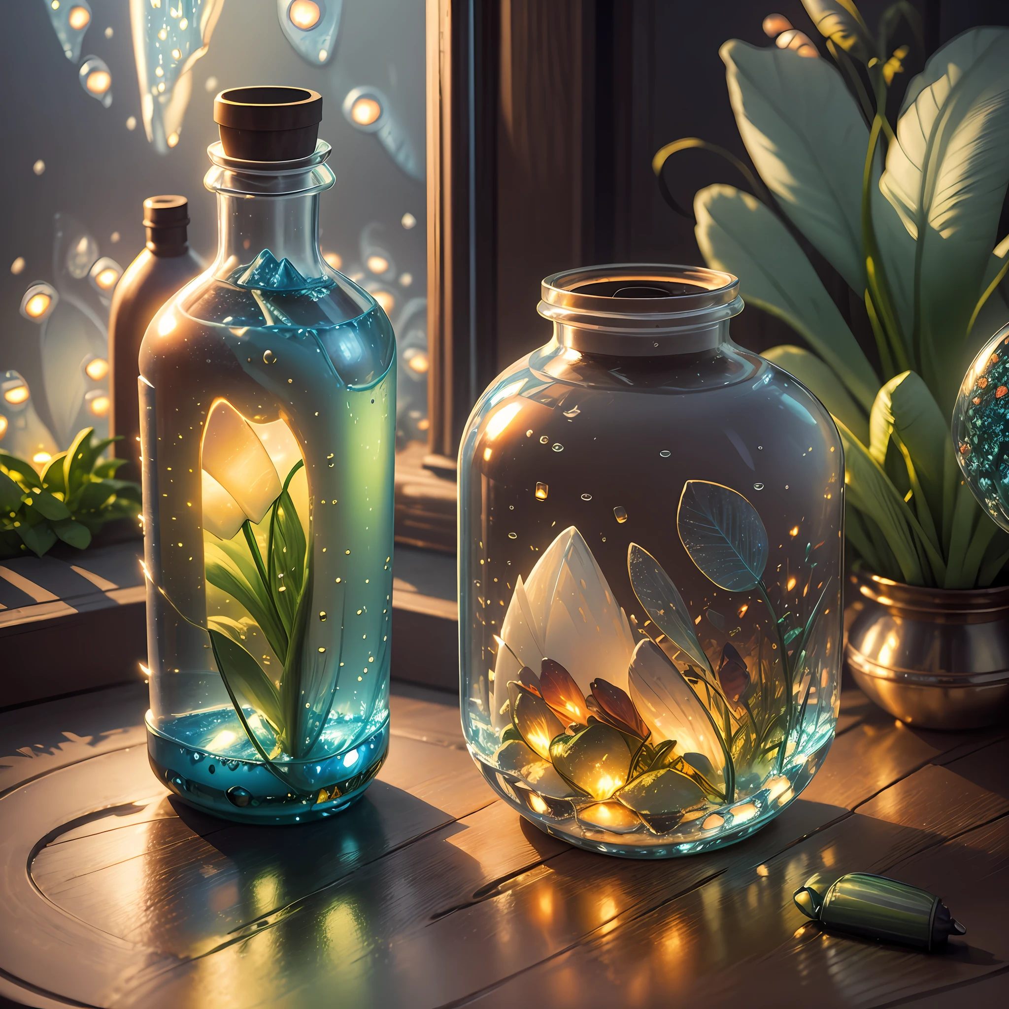 Computer, Extensive landscape ultrasound photography (general view, which shows a glass glass, glass bottle, inside, lily, ice), bottle, lily (detailed description of the bottle, lily), glass, (detailed description), inside the glass dew (ultradetail), white, blue lily (detailed), fog (detail), bottle, reflection of dawn (1:3), fireflies (1:3), (ultradetailed description of appearance), bottle, lily, candle, lantern, (crystals: 1,2), BREAK production art, (cold light source:1. 2), (Firefly:1.2),Green, Orange, Yellow, Fire Particles, Colors, Intricate Details, Volumetric Lighting, Realistic Fantasy BREAK (Masterpiece:1.2), (Best Quality), 4k, Ultra Detailed, (Dynamic Composition: 1.4), High Detailed, Colorful Details, (Gloomy Colors: 1.2), (Luminous Lighting, Atmospheric Lighting), Warm, Light, Magical,