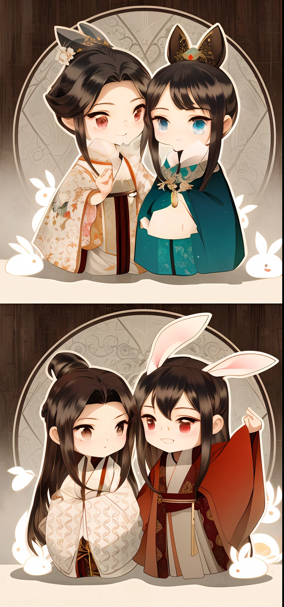 there are two pictures of a couple of people with bunny ears, artwork in the style of guweiz, pixiv style, palace ， a girl in hanfu, pixiv contest winner, pixiv, guweiz, cute digital art, hanfu, korean art nouveau anime, kawacy, at pixiv, digital art on pixiv