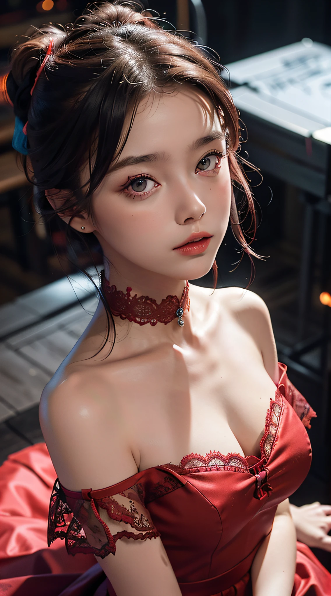 close up, (neon, night view, dutch angle, from above, strapless:1.3), masterpiece, best quality, raw photo, photorealistic, off shoulder, red lace dress, red choker, reddish purple eyes, updo, upper body, cleavage, facelight, shiny skin, film grain, chromatic aberration, absurdres, highres, ultra detailed, finely detail, detailed eyes and face, sharp pupils, realistic pupils, sharp focus